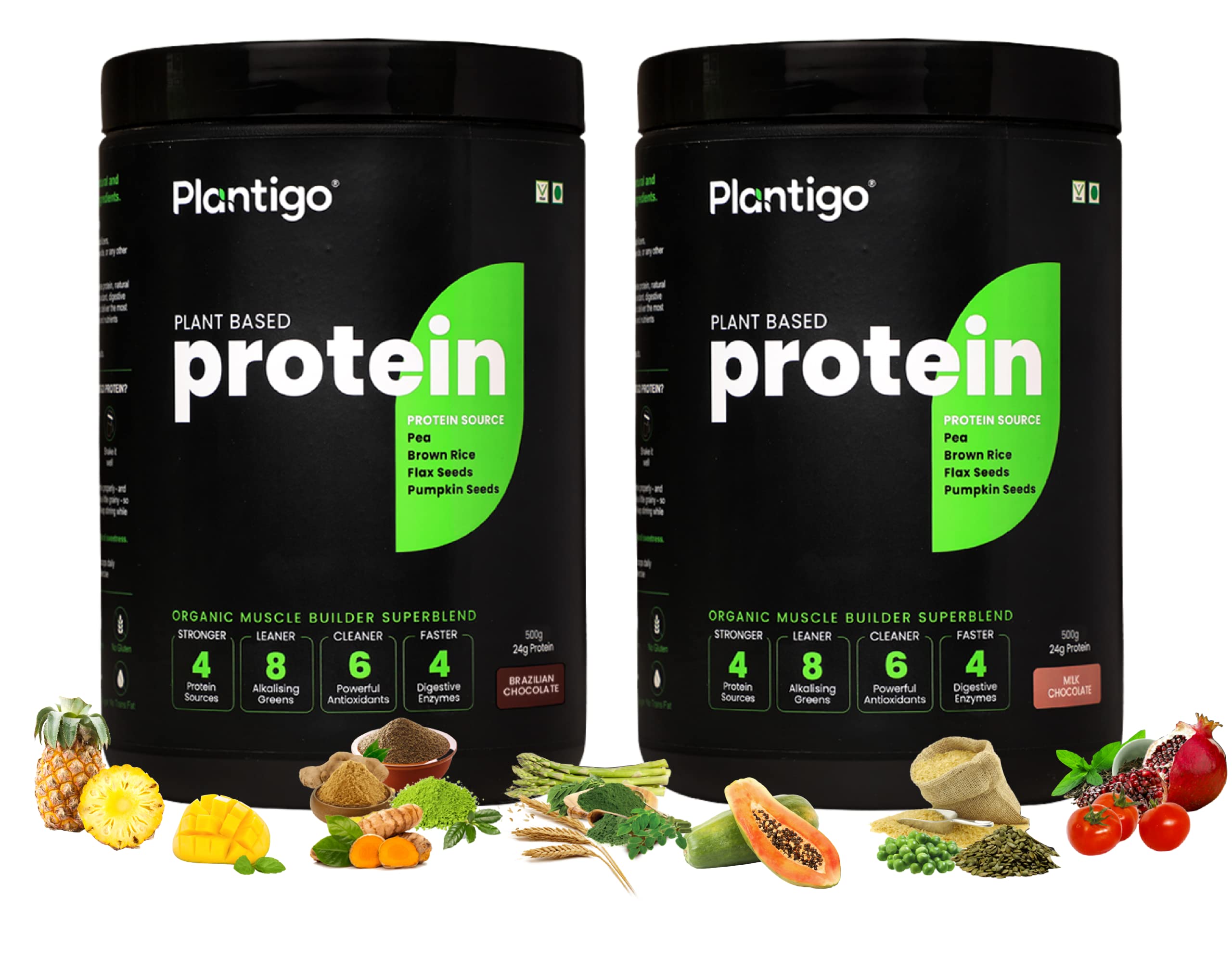 Plantigo - 100% Plant Protein Powder 1 Kg (500g x 2) - Combo of 2 Delicious Organic Flavors (Brazilian Chocolate + Cappuccino)