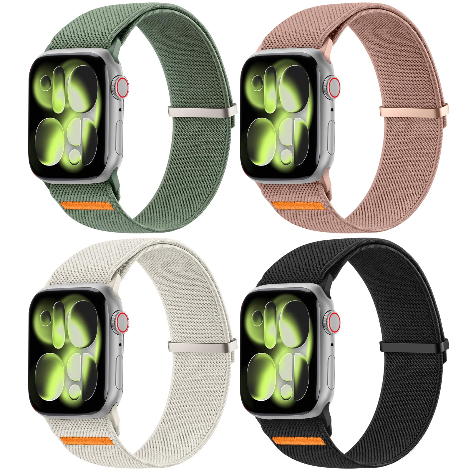 4 Pack Braided Solo Loop Strap for Apple Watch Straps 38mm 40mm 41mm 42mm, Adjustable Nylon Stretchy Elastic Sport Band for iWatch Series 11 10 9 8 7 6 5 4 3 2 1 SE Ultra, Women Men 4-PACK 02