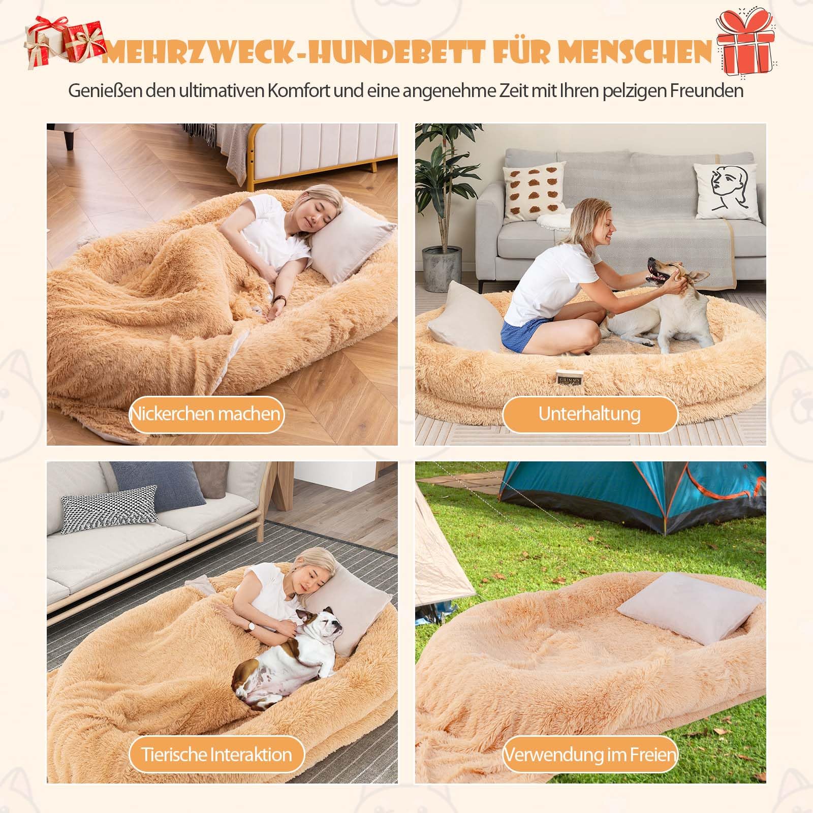GYMAX Cama Perros Gigante para Personas y Mascotas, Cama Ortopédica Lavable de Piel Sintética para Perros, con Manta Suave, Almohada, Correa y Puf para Siesta para Perros Grandes
