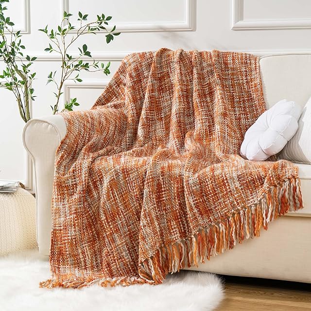 BATTILO HOME Burnt Orange Throw Bohemian Style Knitted Blanket with Fringe, Couch Cover Nap Throws for Sofas Chair Couch Bed, Soft Warm Cozy for Spring Summer Fall Decor Halloween 127x152cm