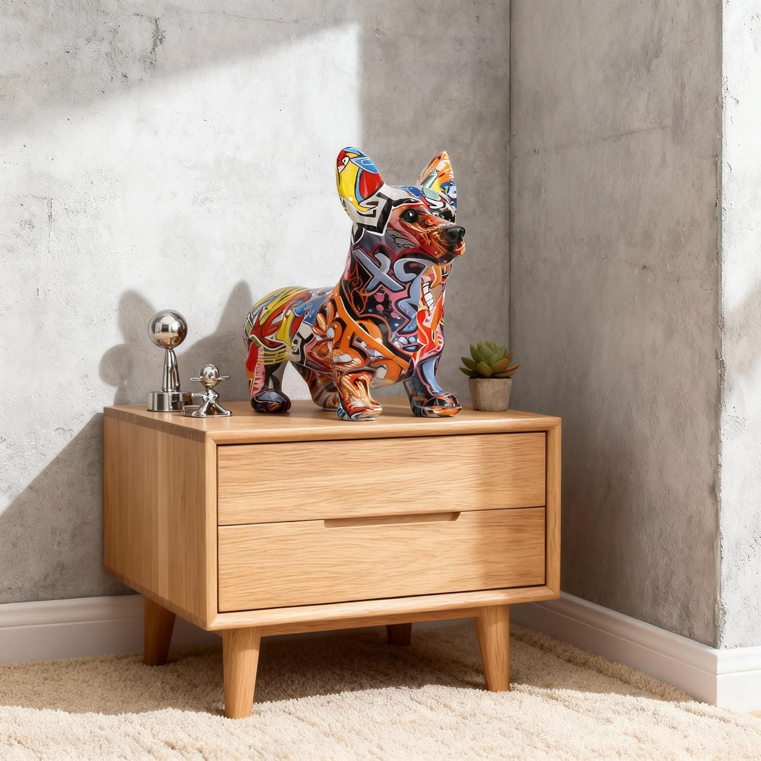 Graffiti Corgi Statue,Balloon Dog Figurine Decor,Animal Dog Sculpture for Shelves,Matching Chihuahua Home Decor, Living Room Art of Home Decorations,French Gifts for Women (Orange-s)
