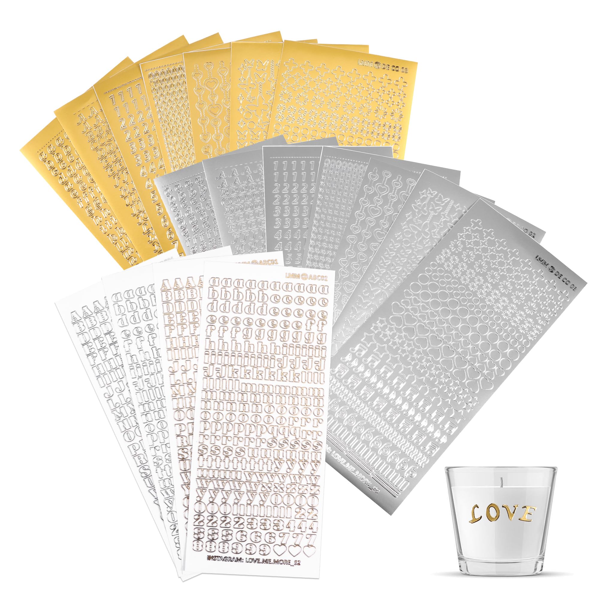 18 Hojas Pegatinas de Letras y Números Sticker, Dorado Plata Pegatina Alfabeto para Escribir Velas DIY Decoración Tarjetas de Felicitación Scrapbooking Manualidades