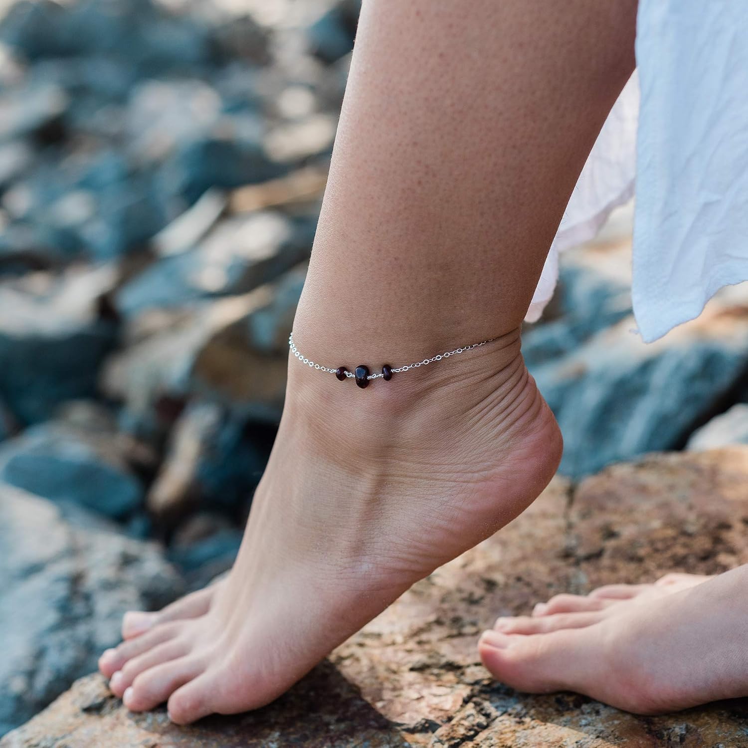 Garnet Beaded Chain Anklet in Sterling Silver