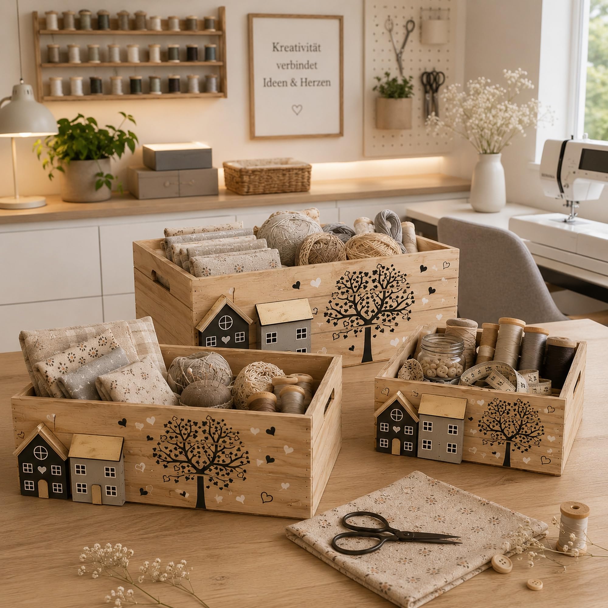 Set di 3 casse in legno UNUS come scatole portaoggetti, scatole decorative, scatole organizzatrici con manici