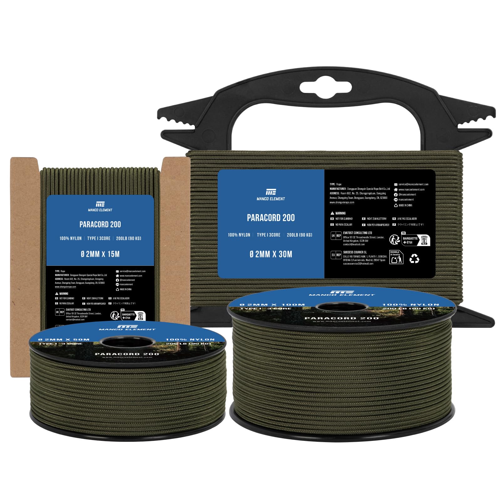 Manco Element Paracord 2mm 100m 3 Strands Type I Army Green | 100% Nylon Parachute Cord Rope | 90KG Load Capacity - Ideal for DIY, Crafting, Outdoor, Camping