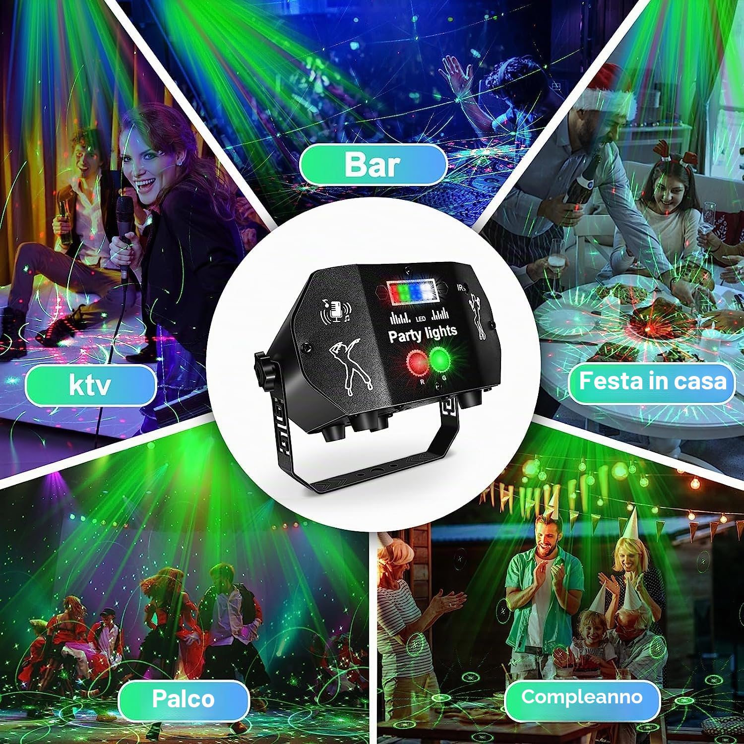 Luci Discoteca 60 Modalità RGB, USB Luci DJ con Telecomando Luci da Festa con Musica Attivato Luce Stroboscopiche Discoteca per Karaoke Bar Feste DJ Natale