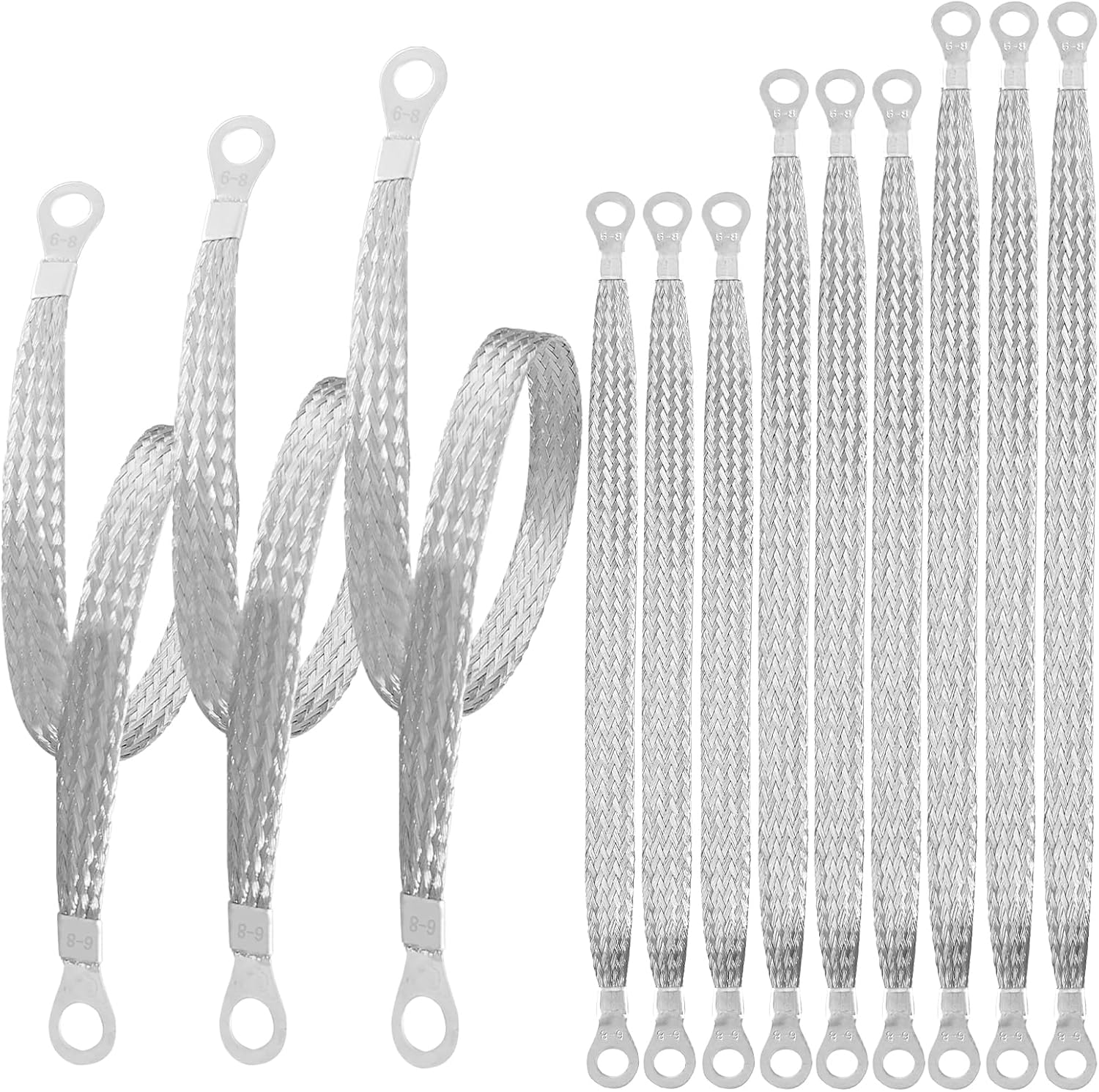 12Pcs Universal Ground Strap Automotive 10/15/20 Inch, Engine Ground Strap Grounding Cable Straps with Ring Terminals Automotive Accessories Wire Straps Connectors for Car, Silver