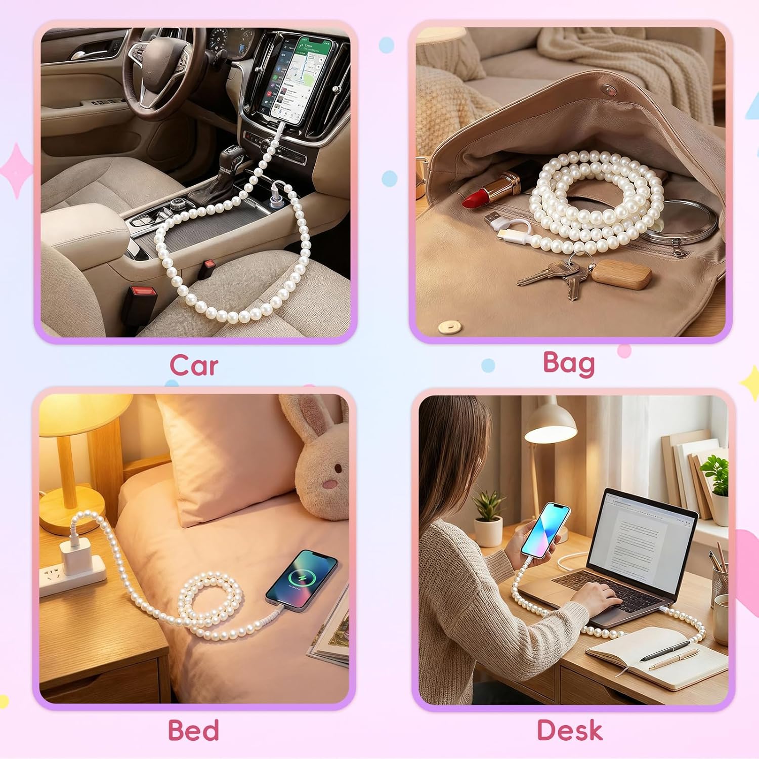 4-in-1 Beaded Charging Cable, Metal Design, Nicely Packed, 60W Fast Charging, MFi Certified, Cute Colorful Cable, Compatible with iPhone, iPad, AirPods, Galaxy, and More (Full Moon Pearl) - Image 6