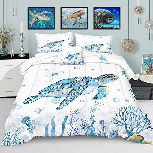 Edredón de Tortuga Marina Ropa de Cama de Playa Oceánica Juego Tamaño Twin Azul Turquesa Tortuga Caballito de Mar Estrella de Mar Tema Oceánico