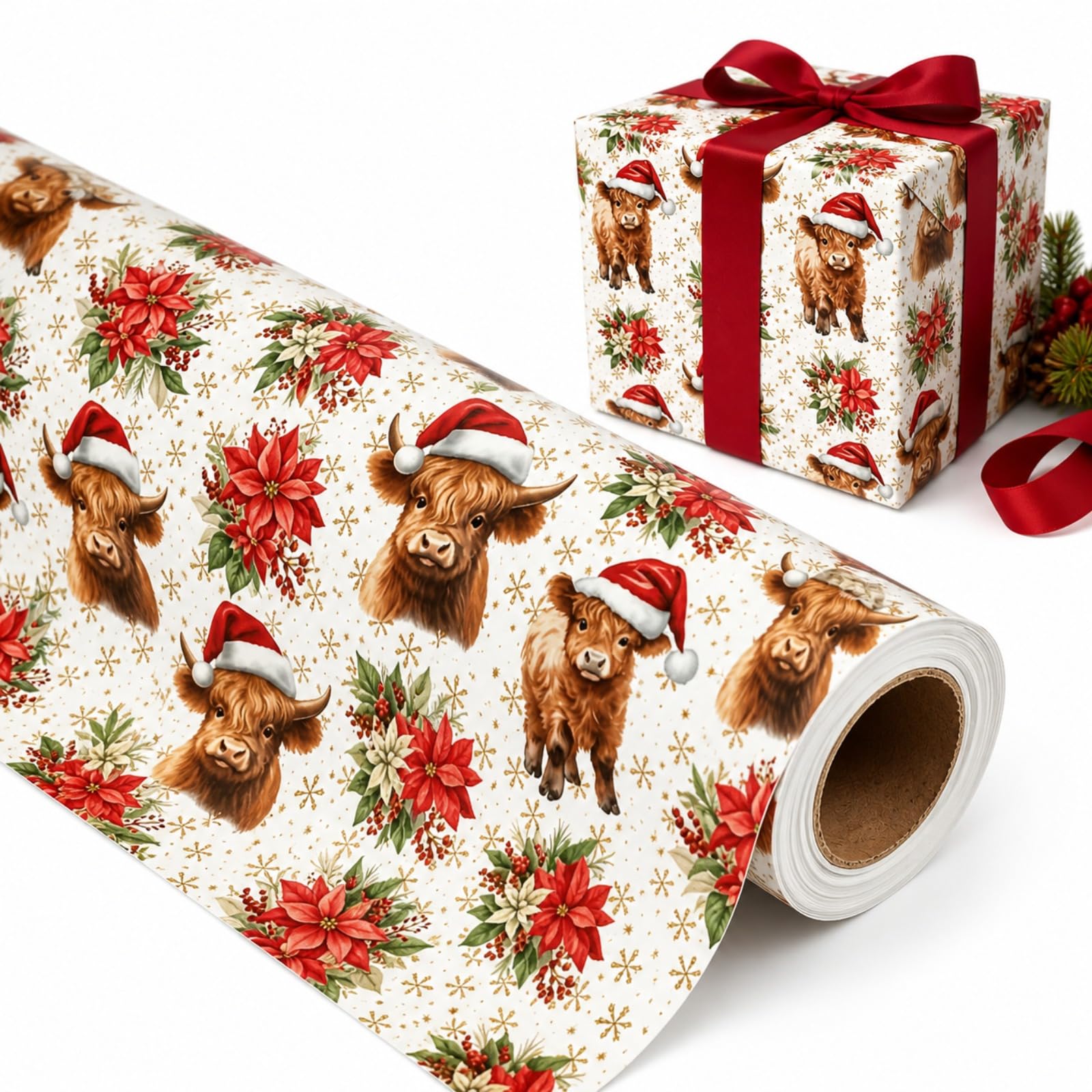Highland Cow Christmas Wrapping Paper Roll, Poinsettia Gift Wrap