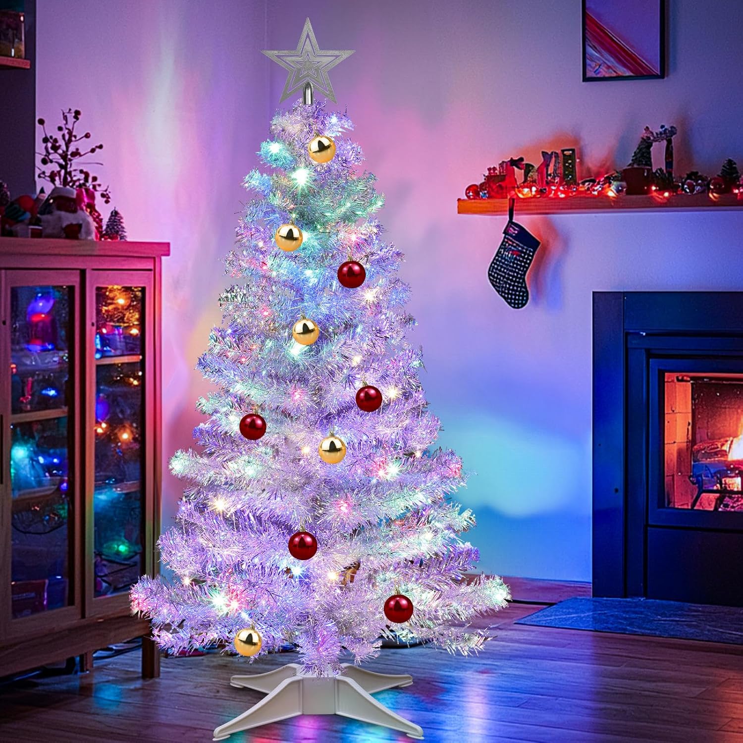 Dual Color Change&Timer 4 Ft Sliver Christmas Tree Happy New Year 2025 Decoration, Remote 8 Mode 100 Warm White&Colored Light 18 Ball Ornament 3D Star Battery Operated Small Tree Table Indoor Party