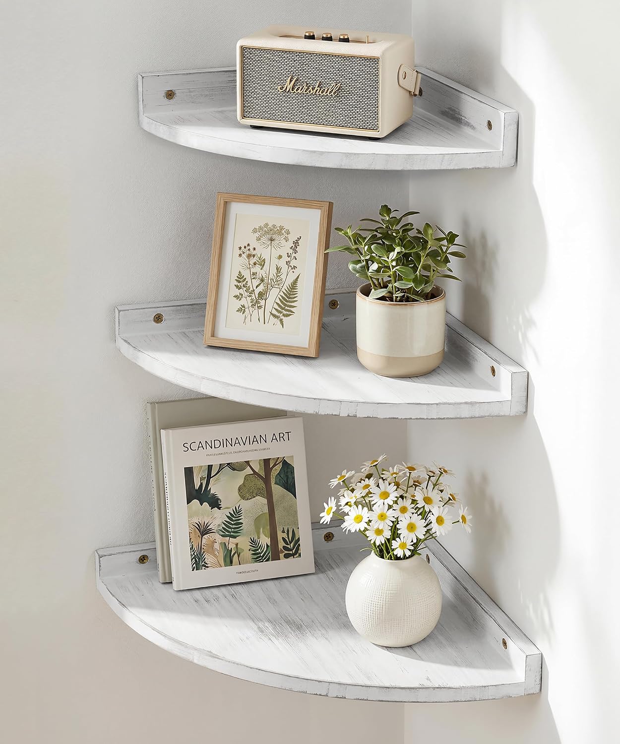 Corner Shelves Wall Mount, Rustic Natural Wood Corner Floating Shelf, Distressed White Storage Organizer Hanging Shelves for Living Room Kitchen Bedroom Office Bathroom Laundry, 9.68x9.68 Inch