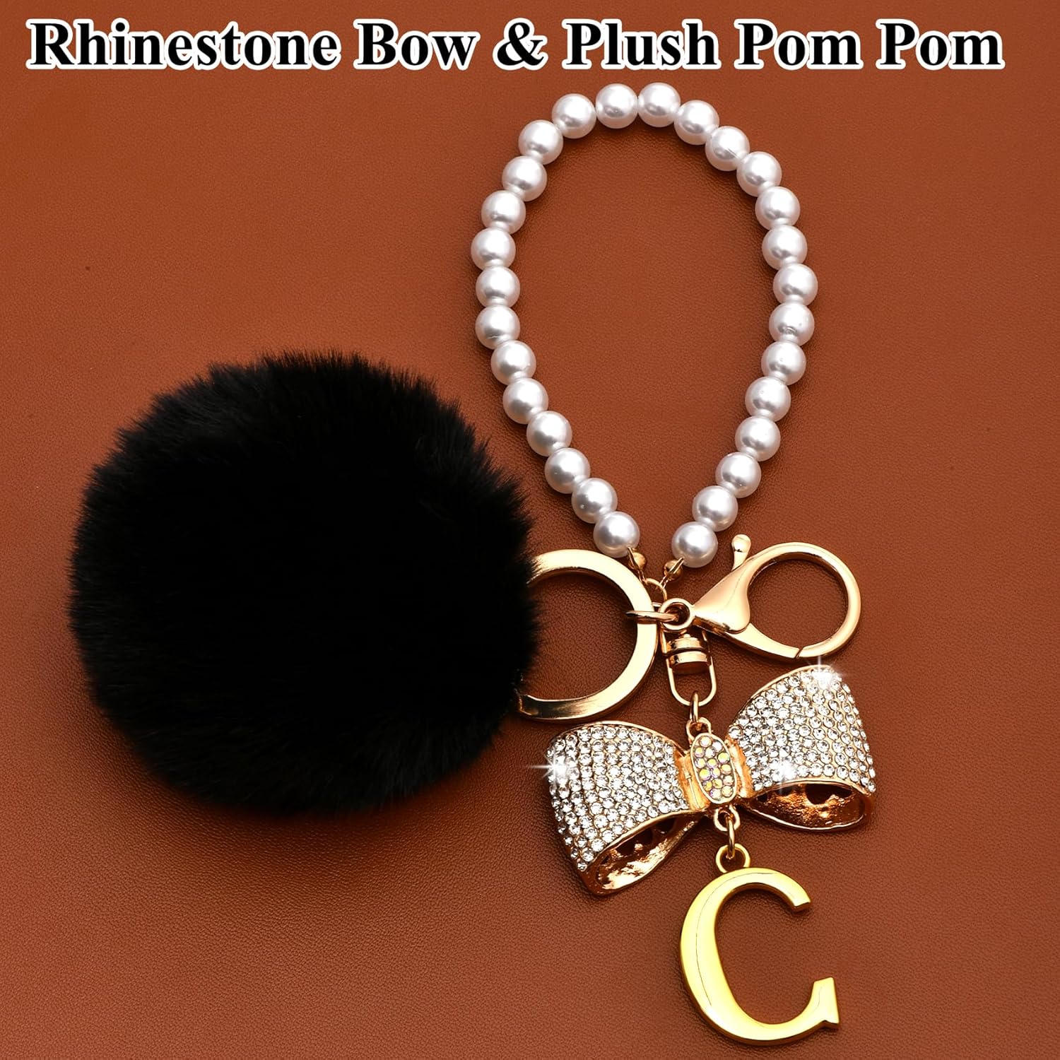 Gold Initial Keychain with Rhinestone Bow & Black Pom Pom, Cute Letter Bag Charm for Women Purse and Car Keys - Image 5