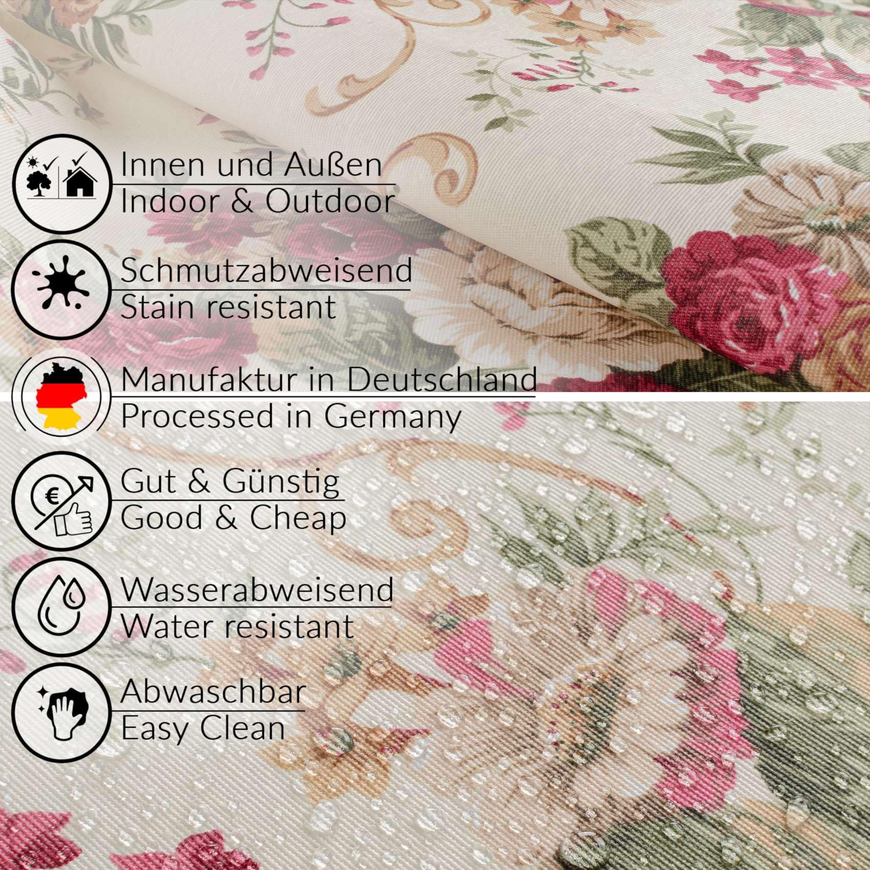 Mantel de tela textil lavable, mantel de algodón, poliéster, rosas, 280 x 140 cm, para interior y exterior