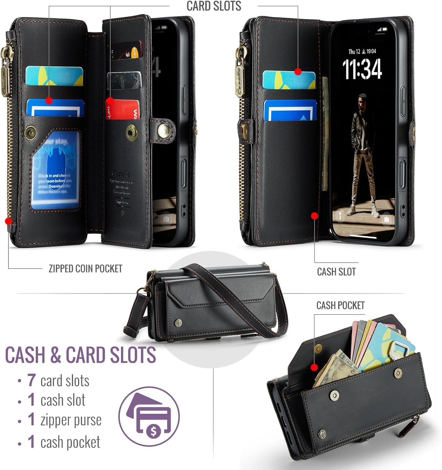 for iPhone 17 Case, Women Men Multi-Function Wallet Case with Stand RFID Blocking Featuring Magnetic Closure Zipper Includes Shoulder Strap Wrist Strap (Black)