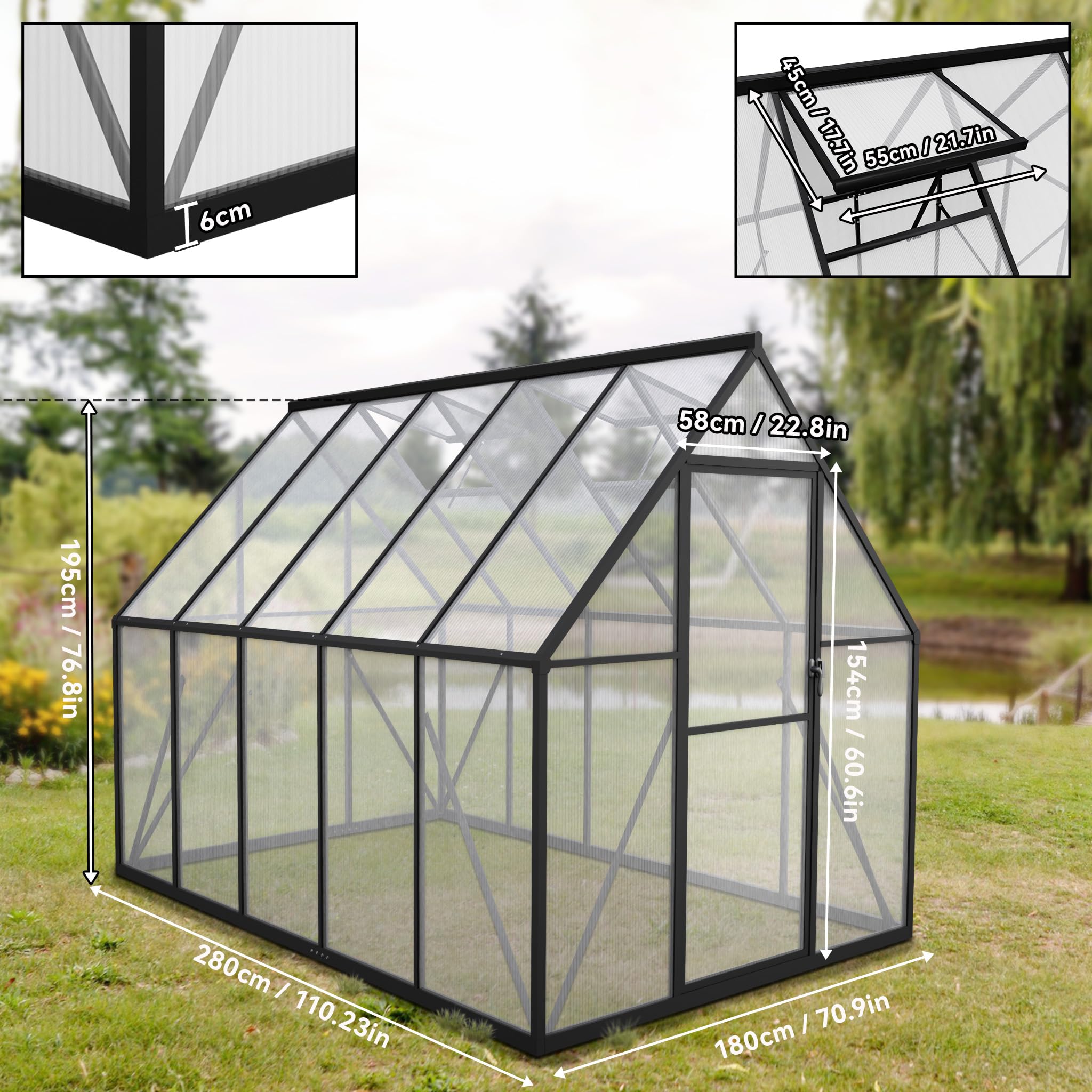 FIVMEN Gewächshaus Aluminium Gartengewächshäuser mit 6 cm Fundament und 4 mm PC Platte Treibhaus Tomatenhaus Gartenhaus UV beständig Wetterfest für den Garten, 280x180x195 cm