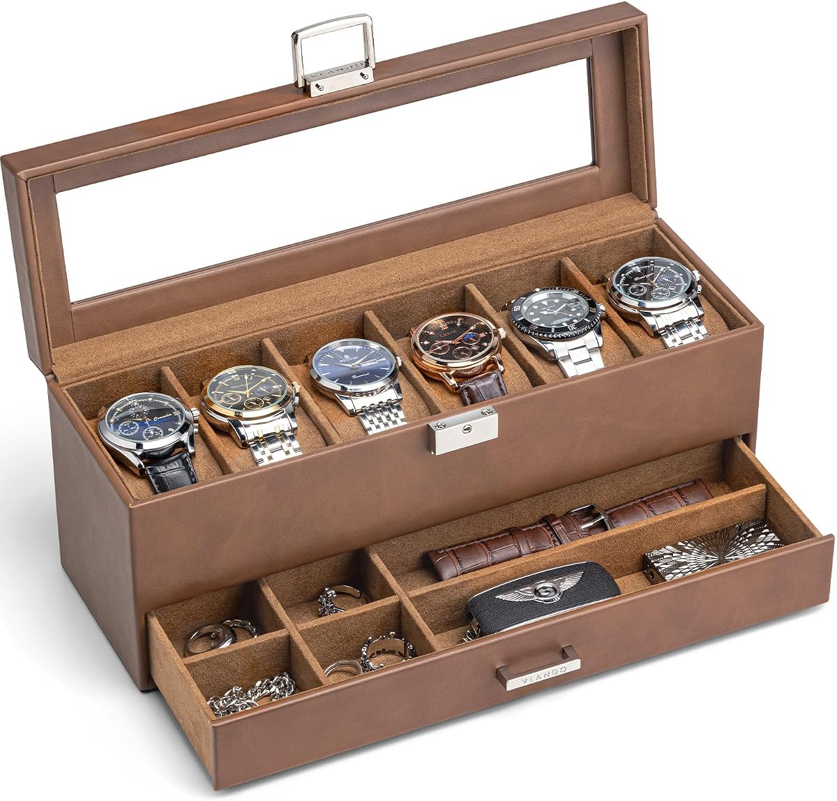 VLANDO Caja de Reloj para Hombre, Caja de Reloj de 6 Ranuras y 2 Capas con Tapa de Vidrio, Marrón | Organizador de relojes de dos capas con seis almohadas suaves, tapa de exhibición transparente y almacenamiento de accesorios inferior para una cómoda o un escritorio ordenado