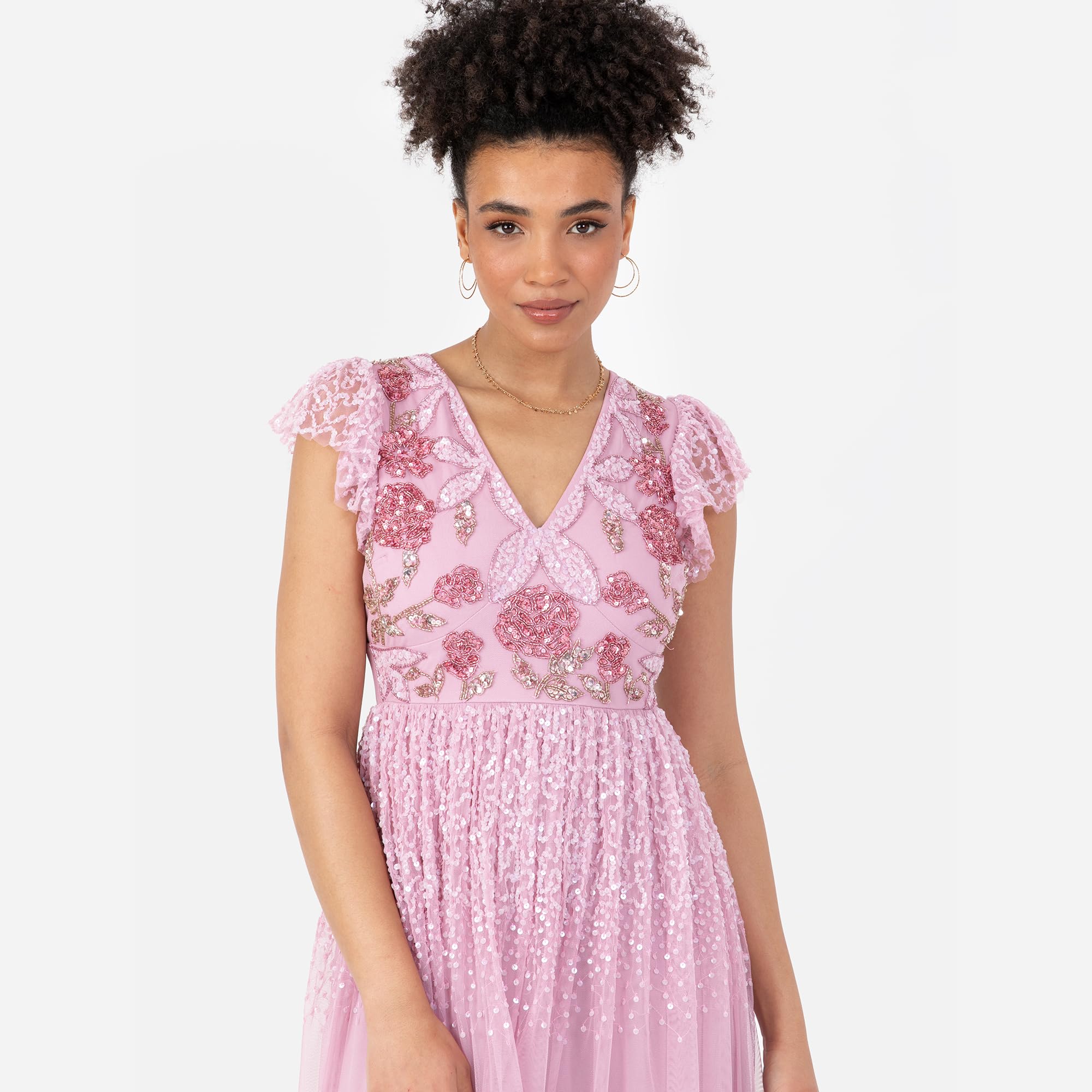 Maya Deluxe Women's Ladies Maxi Dress V-Neck Short Flutter Sleeves Floral Sequin Embellished Tulle A-Line Wedding Guest Bridesmaid Vestito Donna