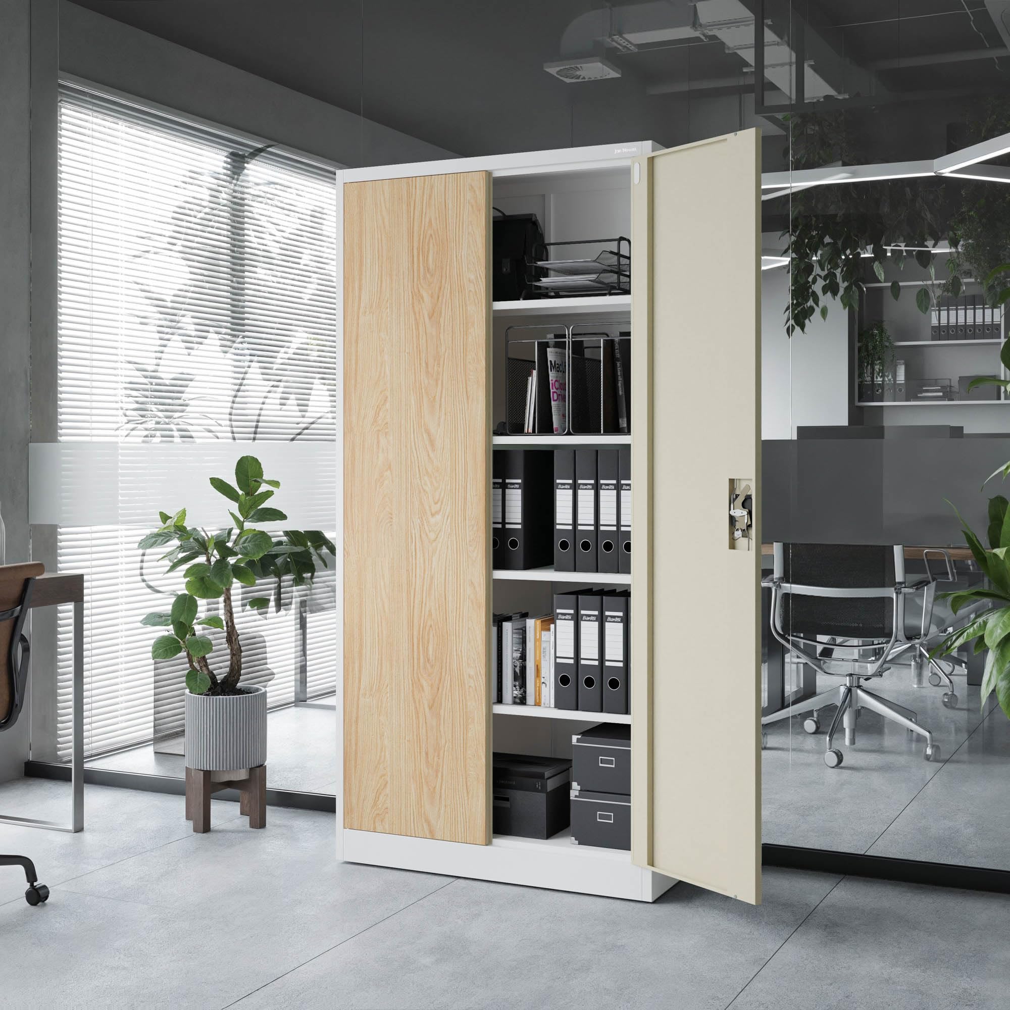 Jan Nowak Armoire de Bureau métallique 4 étagères tôle d'acier revêtement en Poudre 185 cm x 90 cm x 40 cm (Blanc/Imitation Bois)