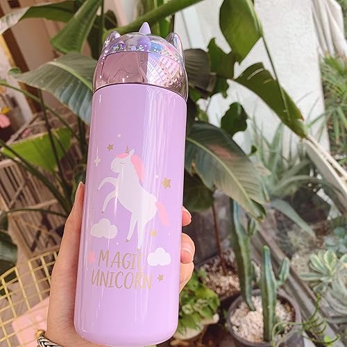 Miniatura 2 de Botella de agua de unicornio para niños, para la escuela con tapa, botella de poni con purpurina brillante, botella de acero inoxidable al vacío,