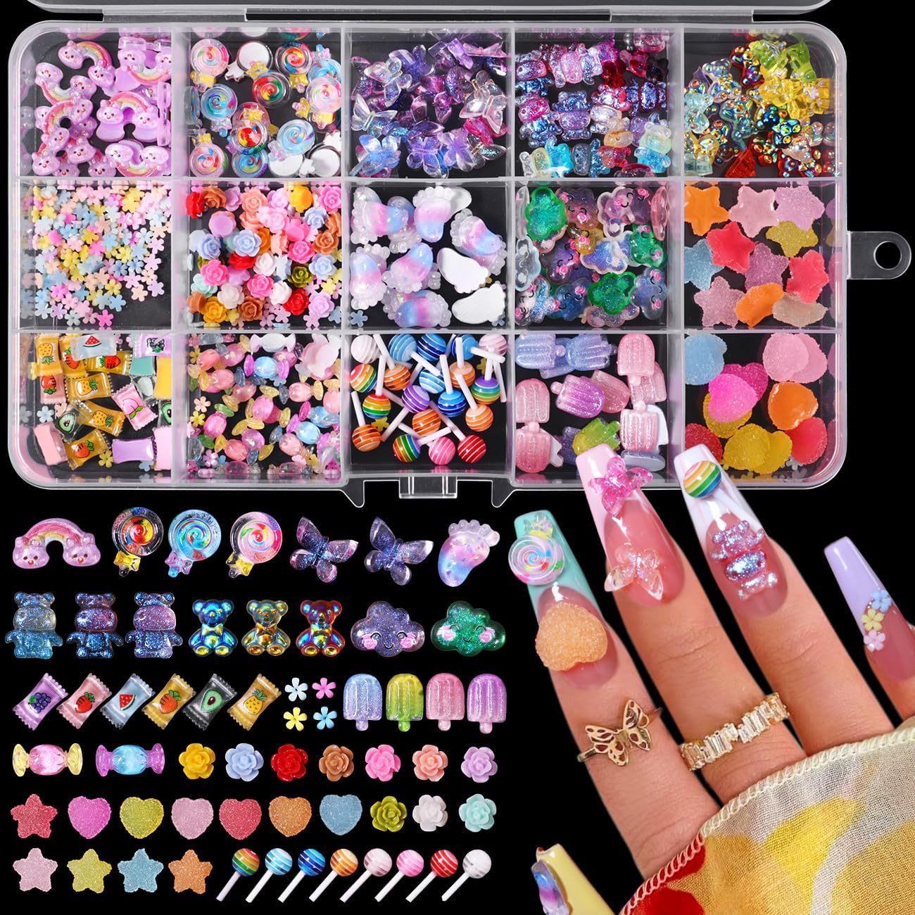 3D Mix Assorted Color Acrylic Multi Cute Nail Art Charms Hollow Candy Jewelry Supplies for Nail Art Design DIY Crafts Accessories (Multicolor)