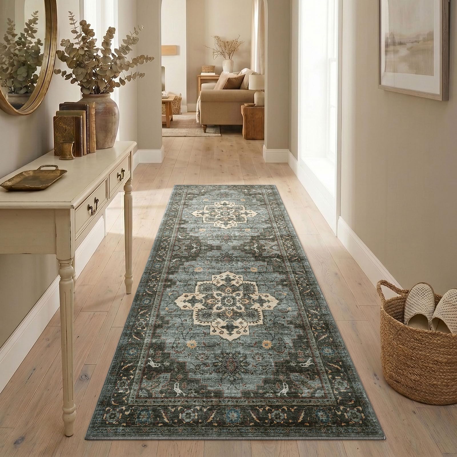 Homaxy Vintage Runner Rugs for Hallway Washable Anti Slip Rug Low Pile Boho Lounge Carpet for Bedroom, Nursery, Kitchen - 60 x 180 cm, Retro Green — image 1