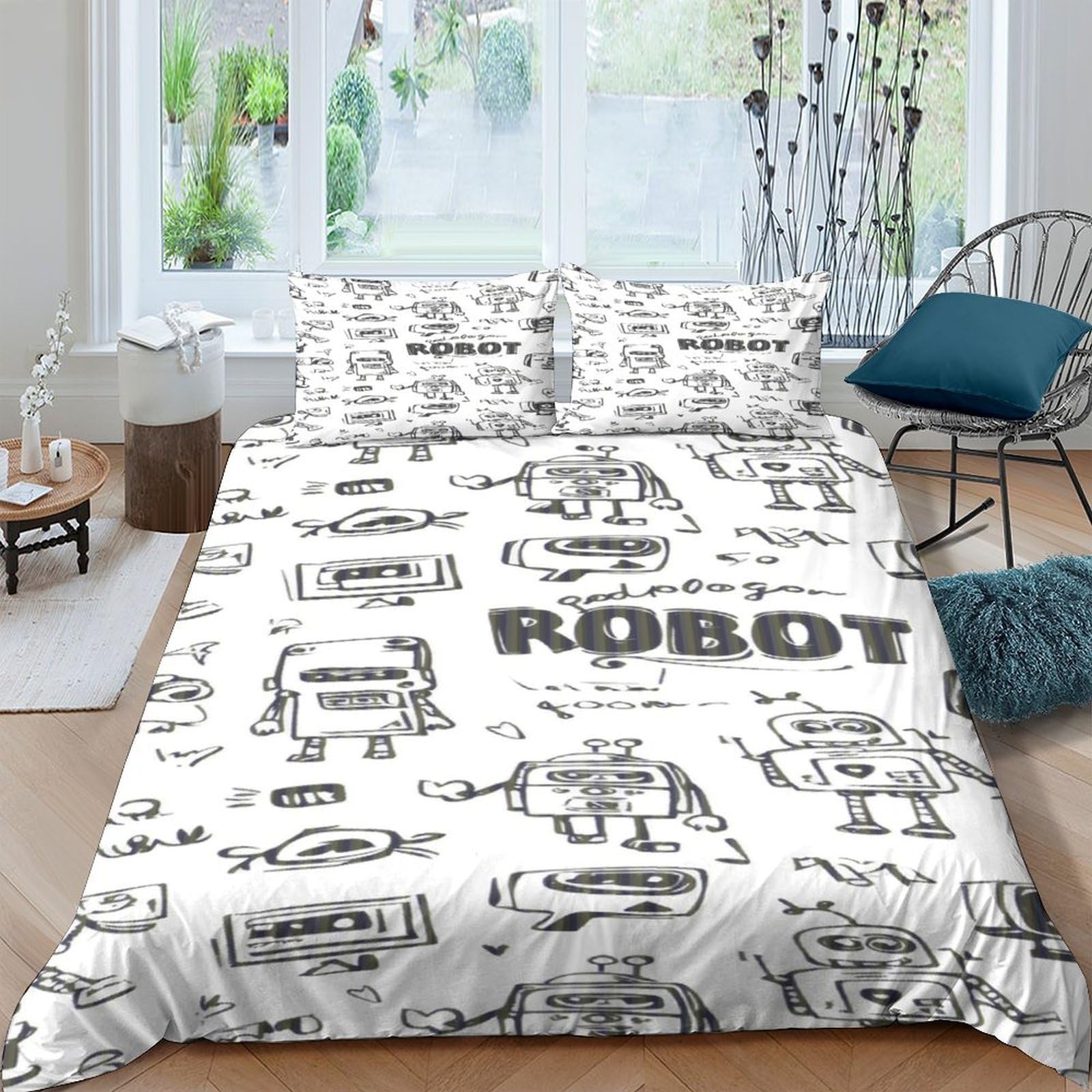 Ctjqhvkz Style-10 3D Printed Cartoon Robot Fitted Sheet Microfiber Soft Breathable Graffiti Sketch Bed Cover For Bedroom Dorm Mattress Protection Single（135X200cm）