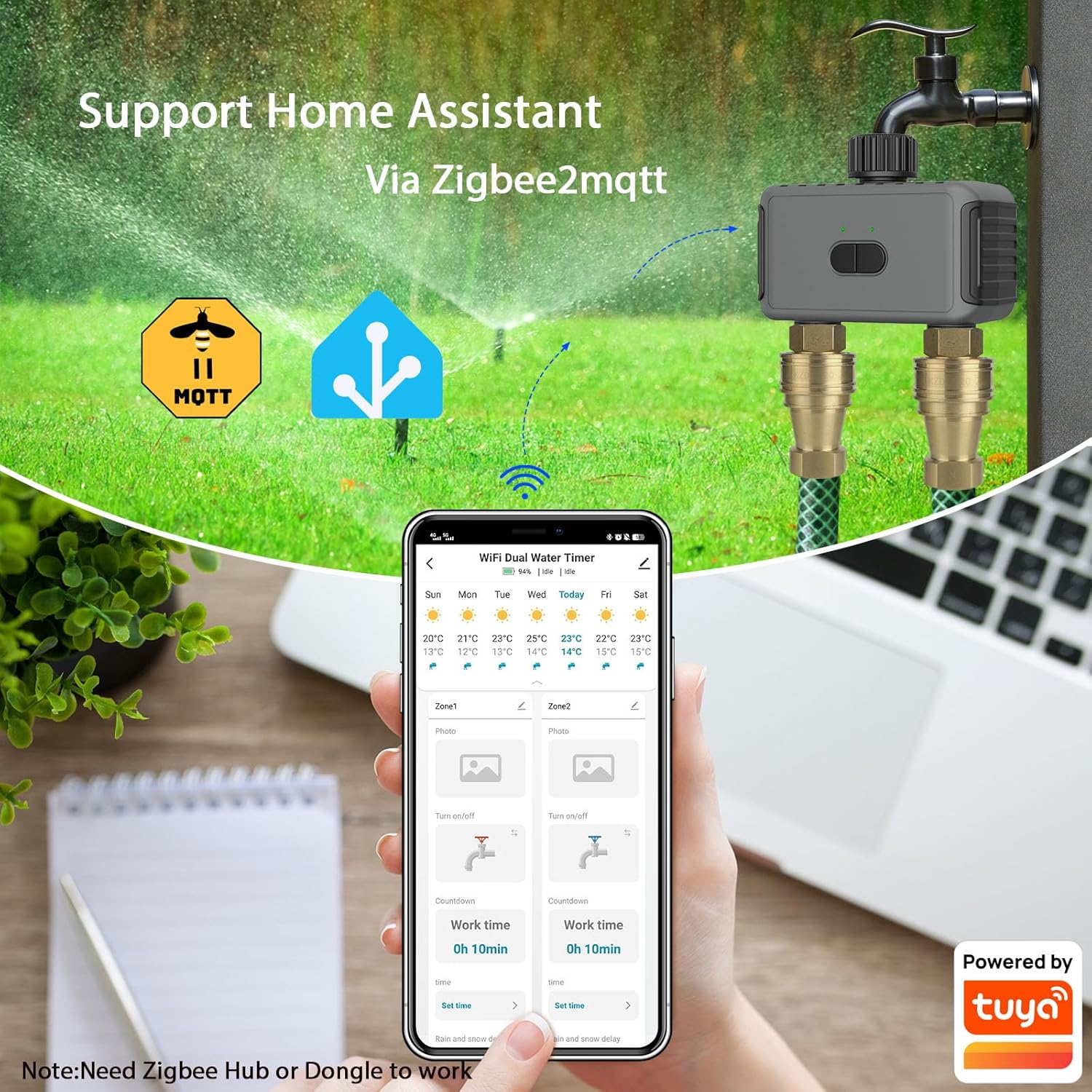 Diagram showing the Haozee Smart Irrigation Computer integrating with Home Assistant via Zigbee2mqtt