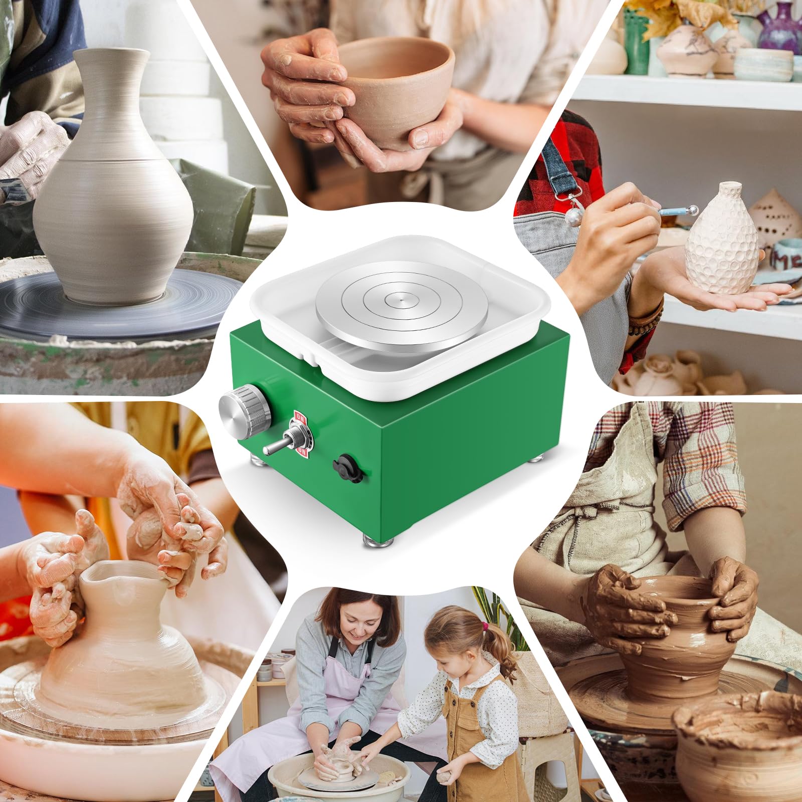 Töpferscheibe, Mini-Töpferscheibe mit einstellbarer Geschwindigkeit von 2000 U/min, 10/6,5 cm Platten, elektrische Töpferscheibe mit Formwerkzeugen (grün)