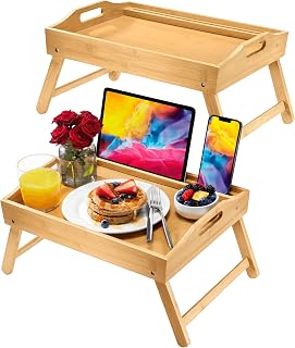 HOMEIT Bamboo Bed Tray with Folding Legs & Laptop Holder (2 Pack) - Breakfast Tray for Bed, Couch, Laptop Stand