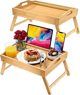 Bed Table Tray with Folding Legs, (2 Pack) Laptop Holder and Handles - Breakfast Tray Bamboo Bed Tray for Eating, Sofa, Bed, Food Trays for Eating on Couch, Snacking and Working