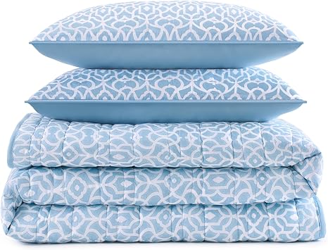 Waverly Kaidyn 3 Piece Quilt Set - Light Weight Printed Microfiber Bedding, Queen Blue