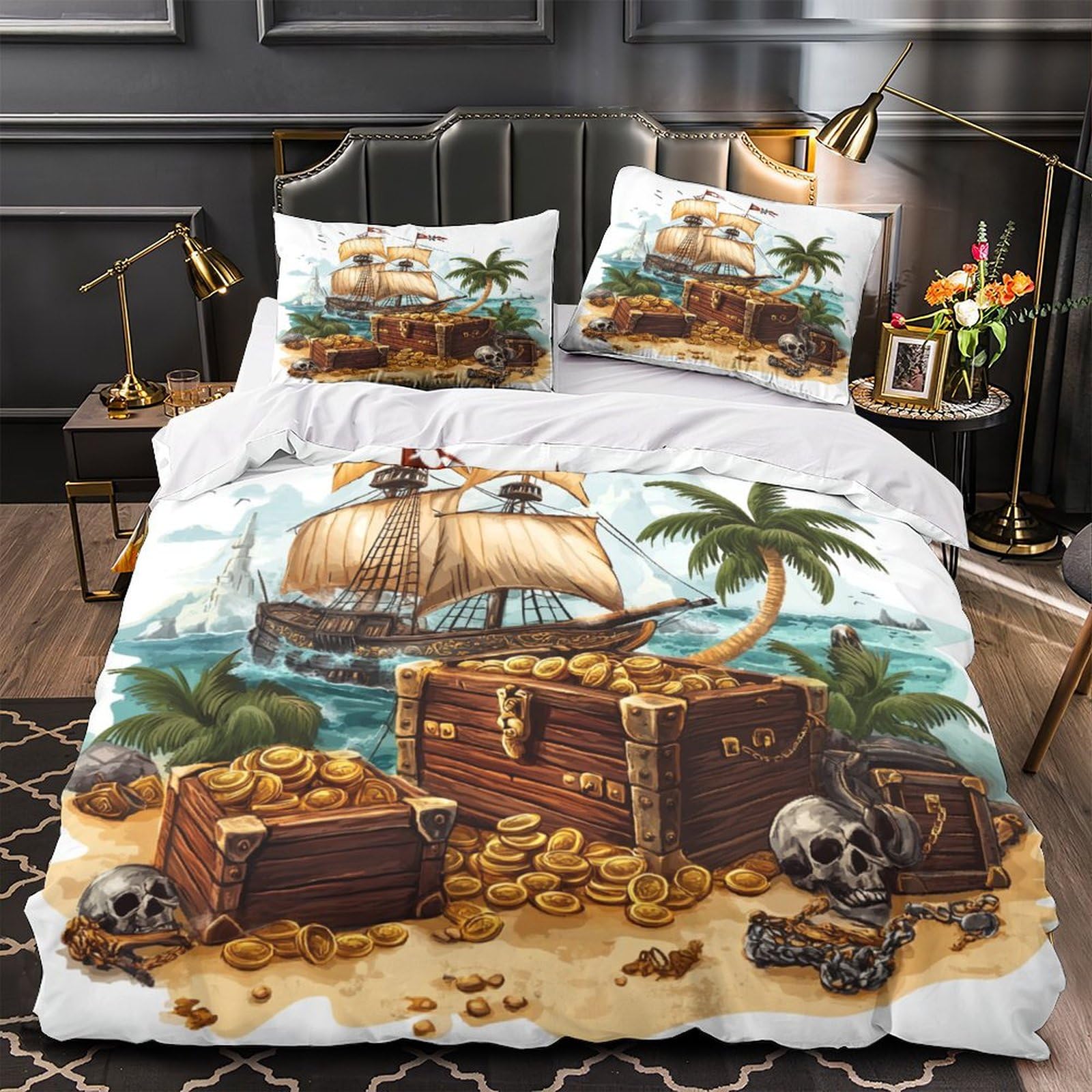 RIAVBAODG 3D Pirate Treasure Printing Duvet Cover Set Treasure Chest for Bedding Soft Lightweight for Kids Teens Boys Room Decor 3 Pcs with Pillow Case Super King（260x220cm）