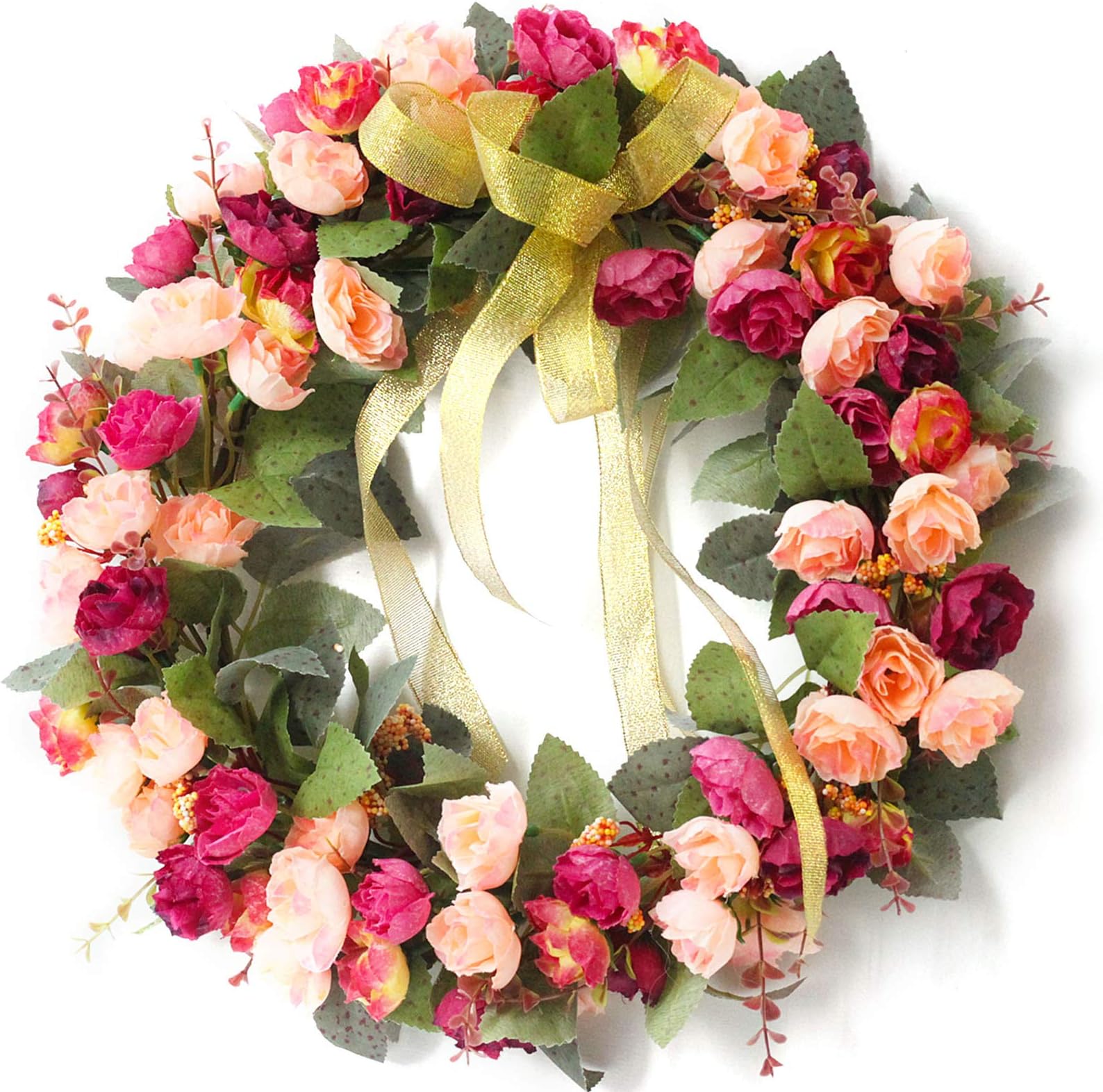 belupai Artificial Red Rose Wreath, 16.5in Spring Front