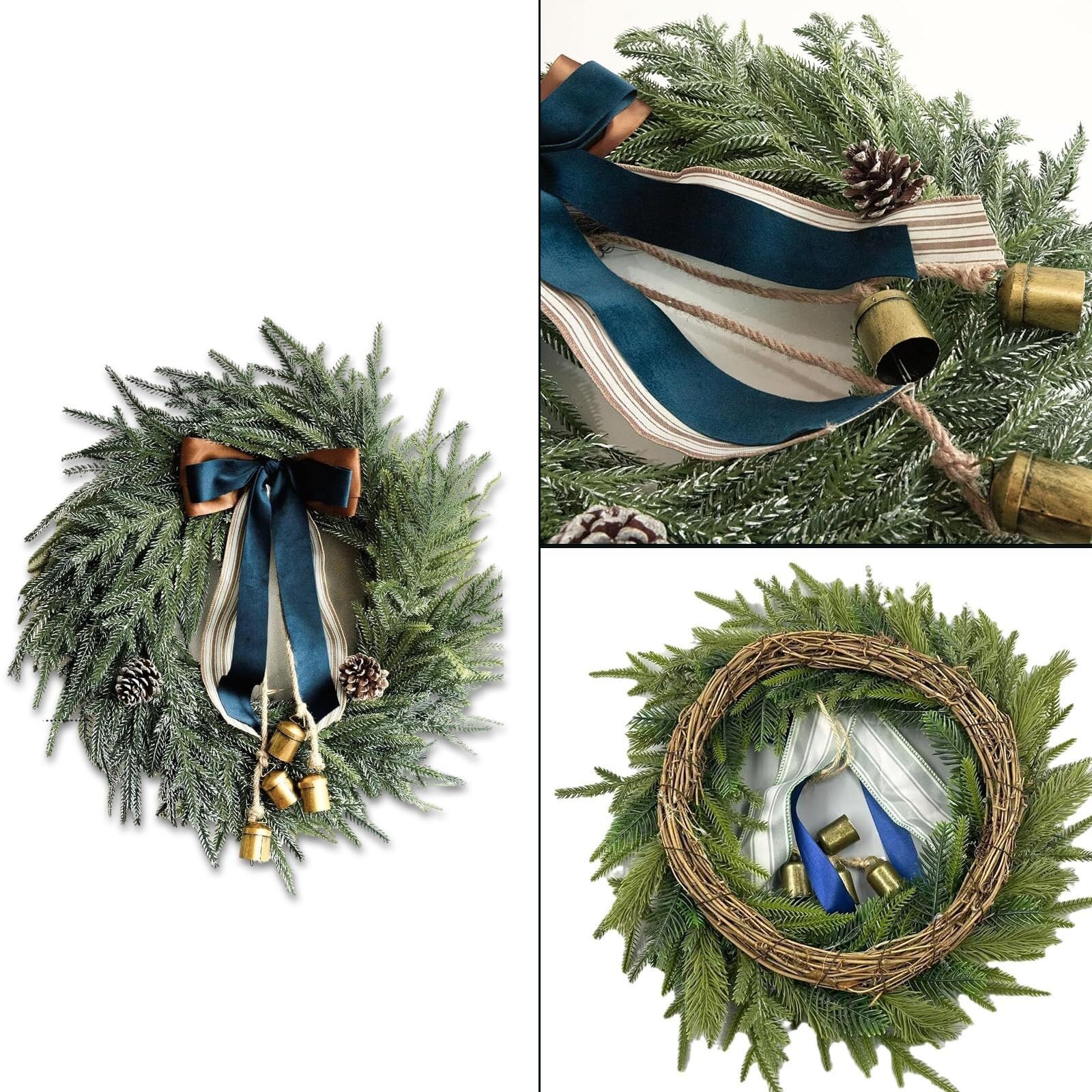 Dekoriert 18-Zoll-Weihnachtskranz, künstlicher, vordekorierter Weihnachtsakzent mit Tannenzapfen und Schleifenband, Weihnachtsdekoration Exquisit