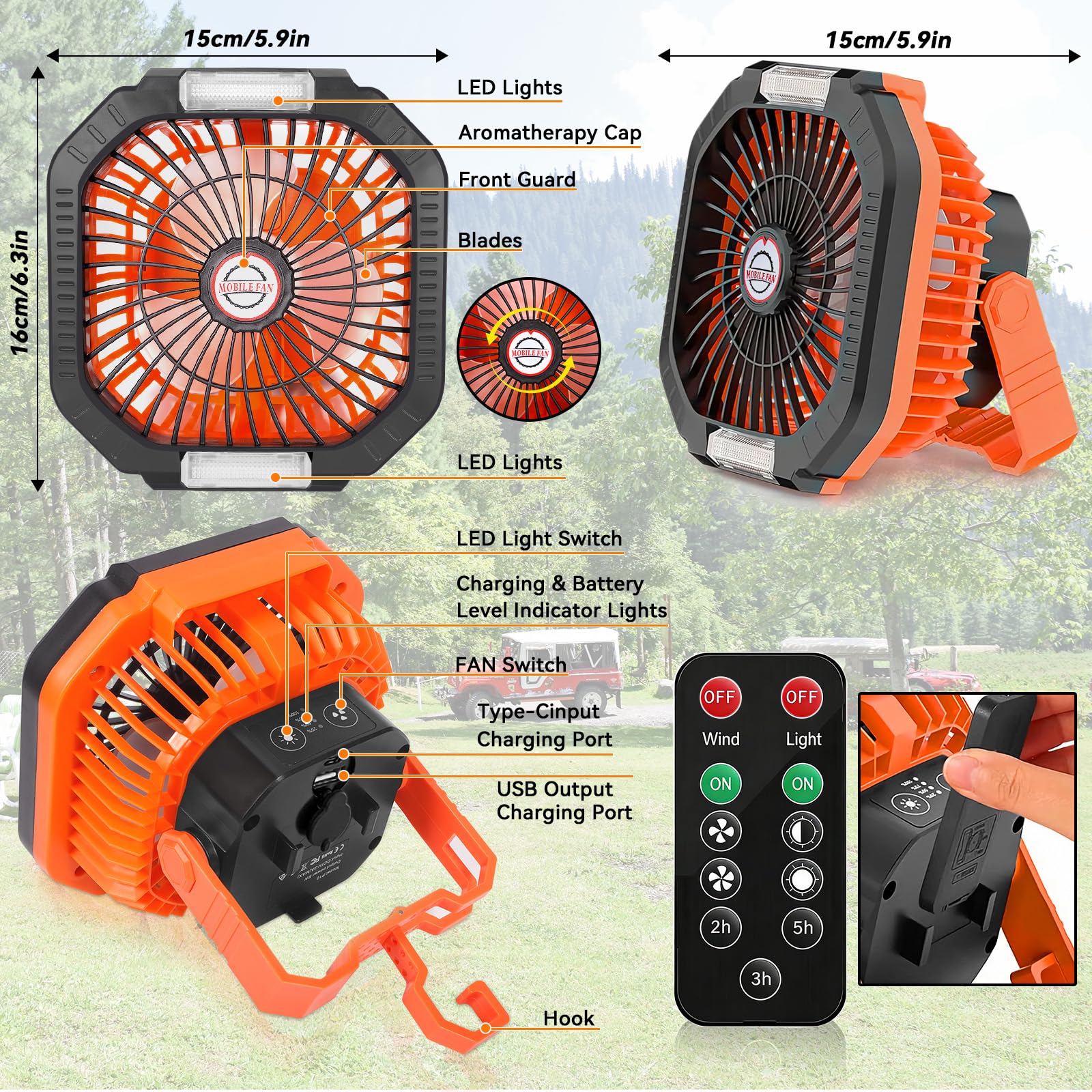 Ventilatore da campeggio, ventilatore da tavolo USB con batteria, luce, gancio, cinturino in paracord, 4 velocità, 3 regolazioni temporizzate, adatto per camera, campeggio, viaggio