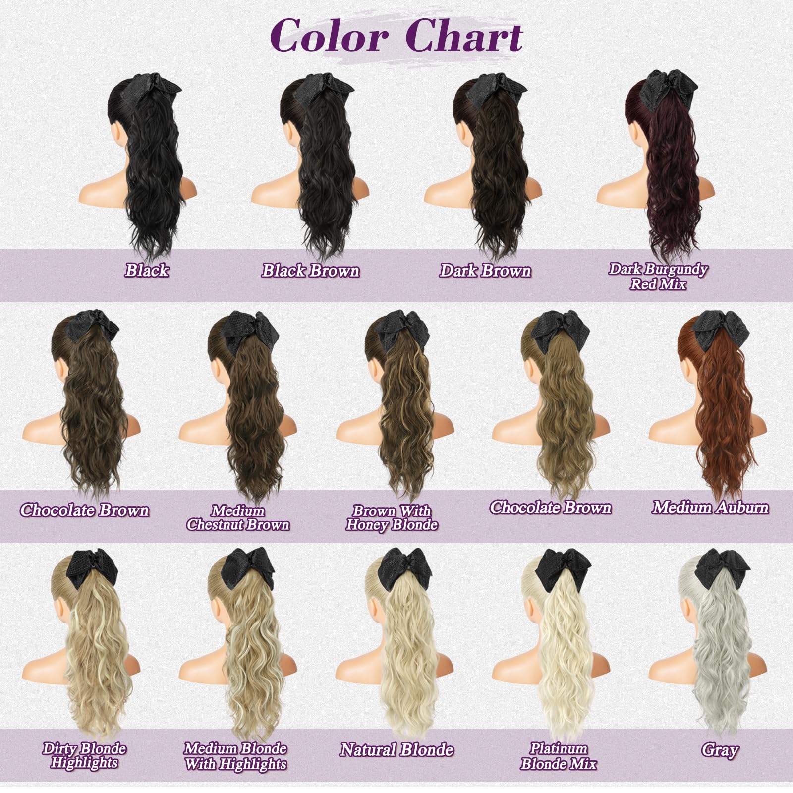 BARSDAR Coleta Postiza Extensiones Pelo, 45cm Bow Pinza Garra Ondulado Negro Marrón Cola de Caballo Extensiones para Mujeres Aspecto Natural Ligeras Sintética Ondulado Negro Marrón Ponytail Postizos