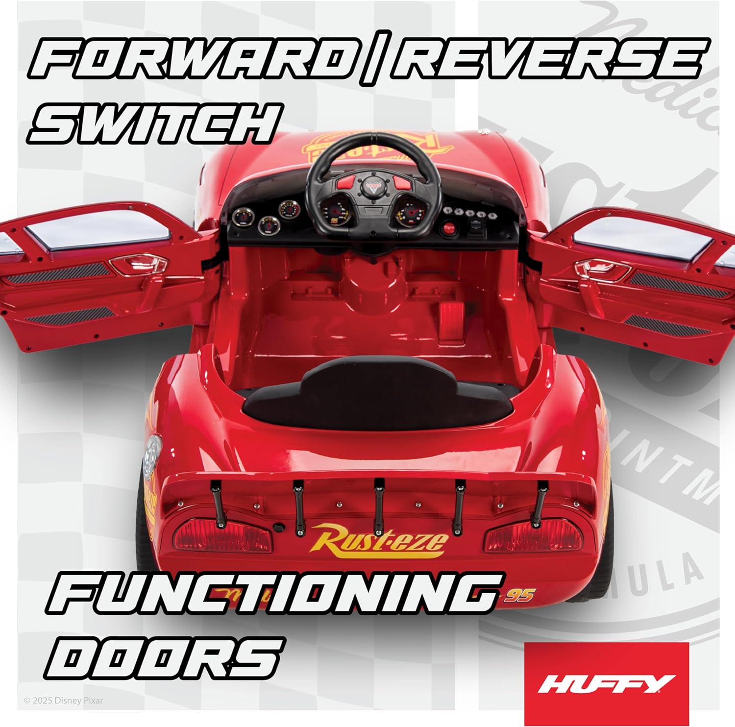 Huffy Disney Lightning McQueen Electric Ride On Car with open doors and forward/reverse switch