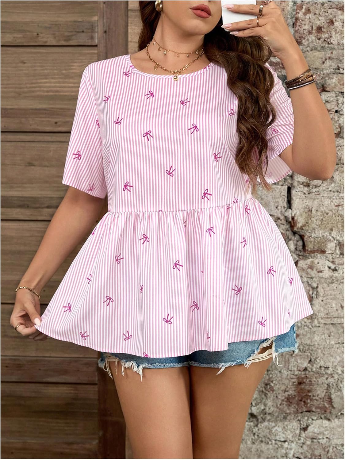 Verdusa Women's Plus Size Striped Bow Blouse Short Sleeve Summer Peplum Tops - Image 5