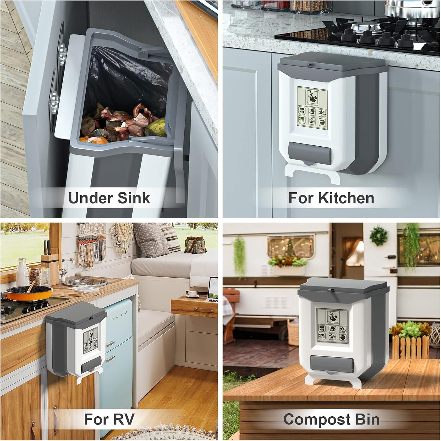 Gintan Kitchen Compost Bin, Collapsible Hanging Countertop Trash Can with Lid, 2.4 Gallon for Cabinet/Bathroom/RV/Bedroom/Camping (Gray)