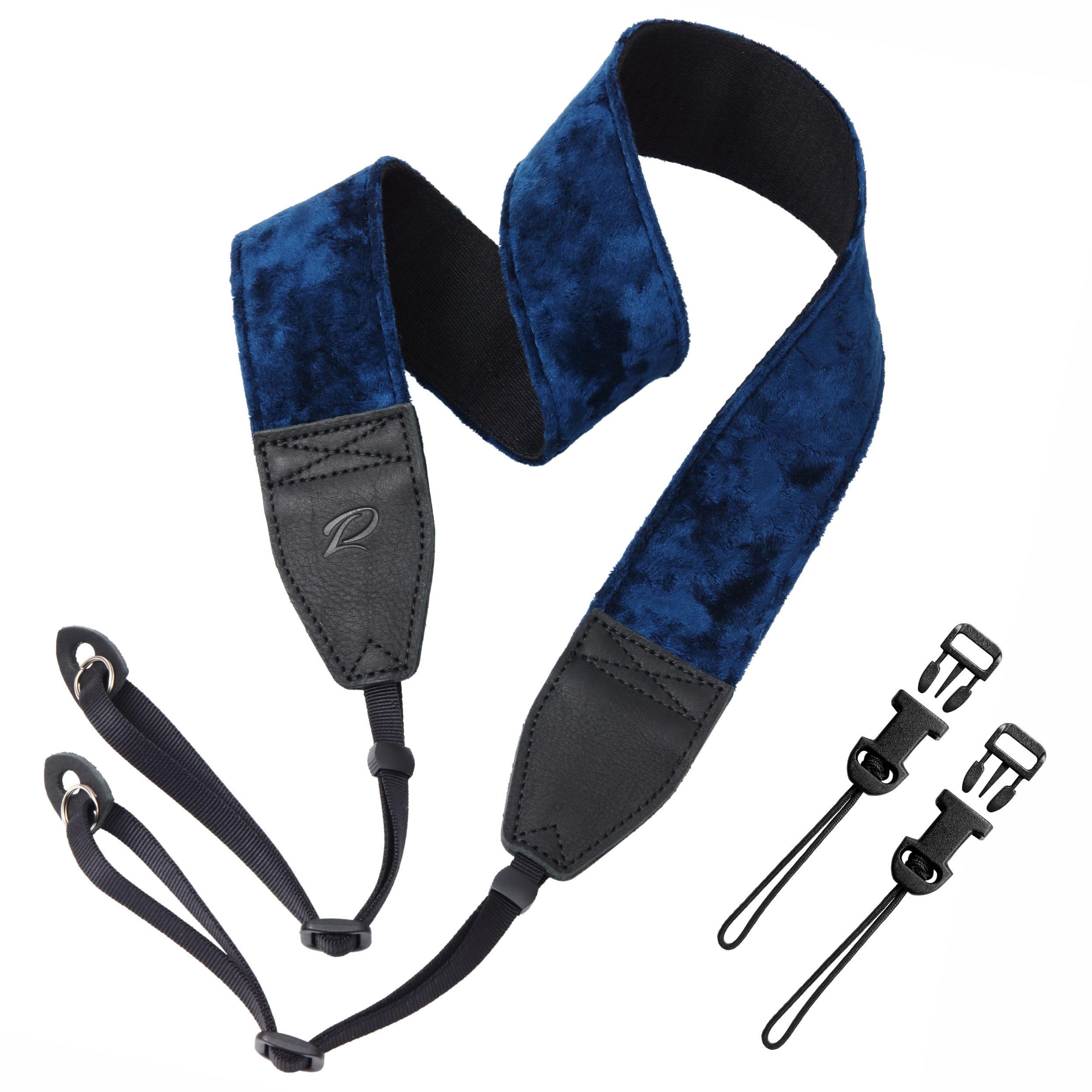 Padwa Lifestyle Dark Navy Blue Velvet Camera Strap - 2" Double Layer Full Grain Cowhide Leather Head Camera Straps for Photographers,Unique Soft