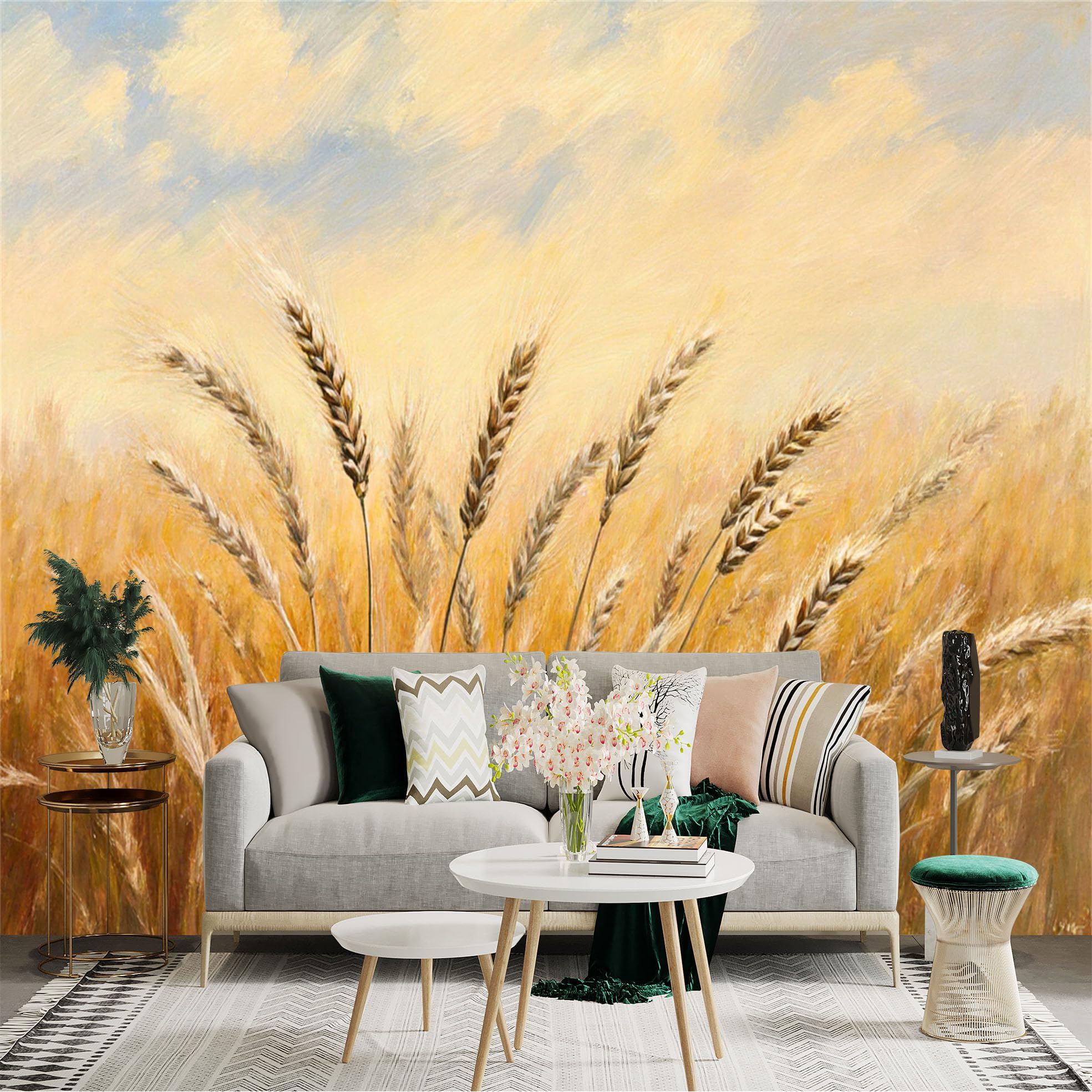 Lnzczhyre Xc260505317 Custom Size Wall Sticker Mural， Golden Wheat Field， Harvest Season Scenery， Rustic Farmhouse Decor， Sunny Countryside Landscape， For Wall Decoration， Peelandstick Wall Decals.