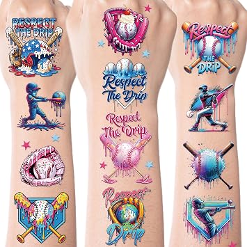 Ice Cream Drip Temporary Tattoos, 8 Sheets Funny Ice Cream Baseball Theme Birthday Party Decoration, Colorful Baseball Tattoo Stickers for Sport Teams Activity Party Favors Gifts School Prizes Rewards
