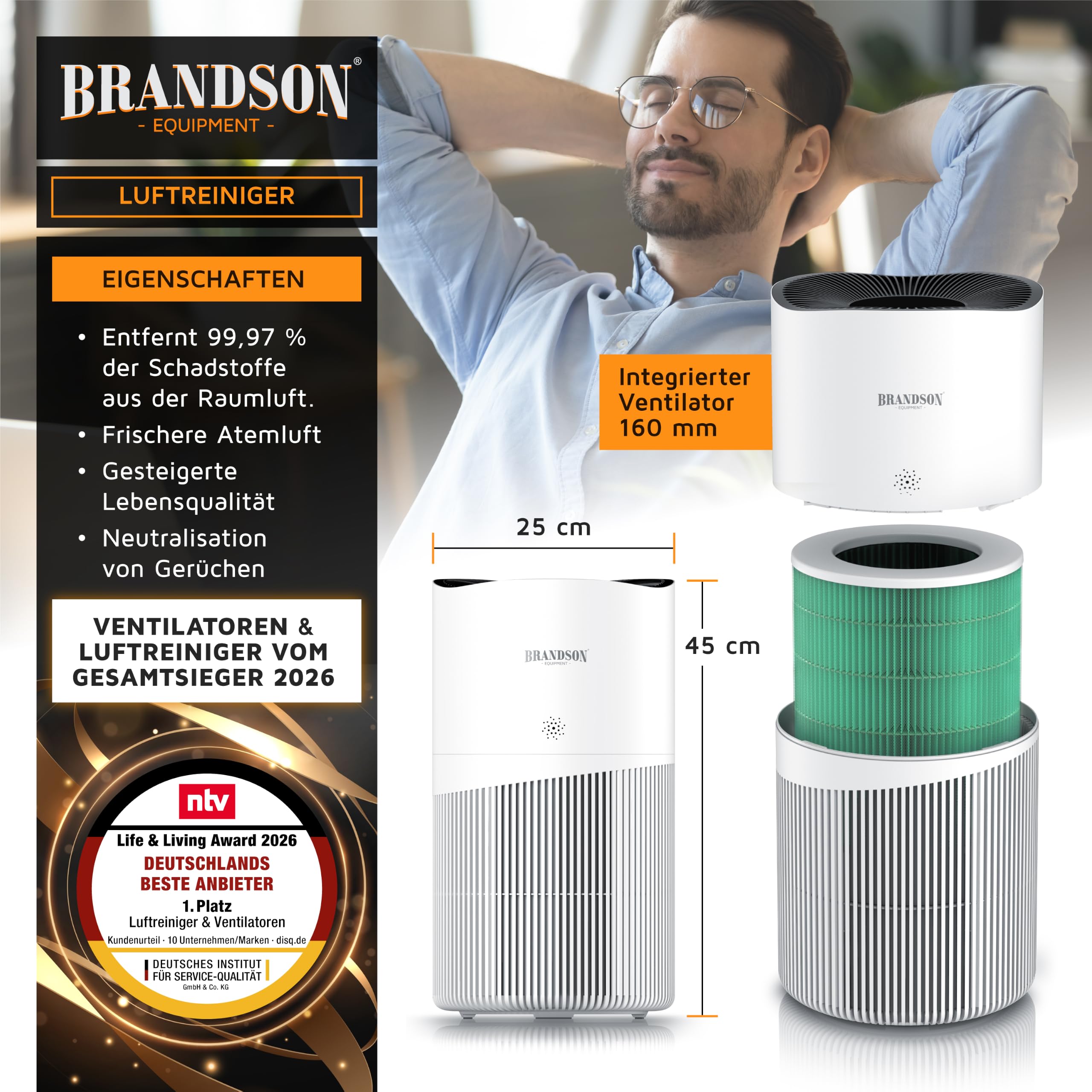 Brandson - Luftreiniger Allergiker 90m² - Preisträger 2025 - CADR 402 m³ - Air Purifier - Smart Home mit App - 4 Filterstufen HEPA Aktivkohle – Tierhaare Pollen Staub Schimmel Viren Raucherzimmer