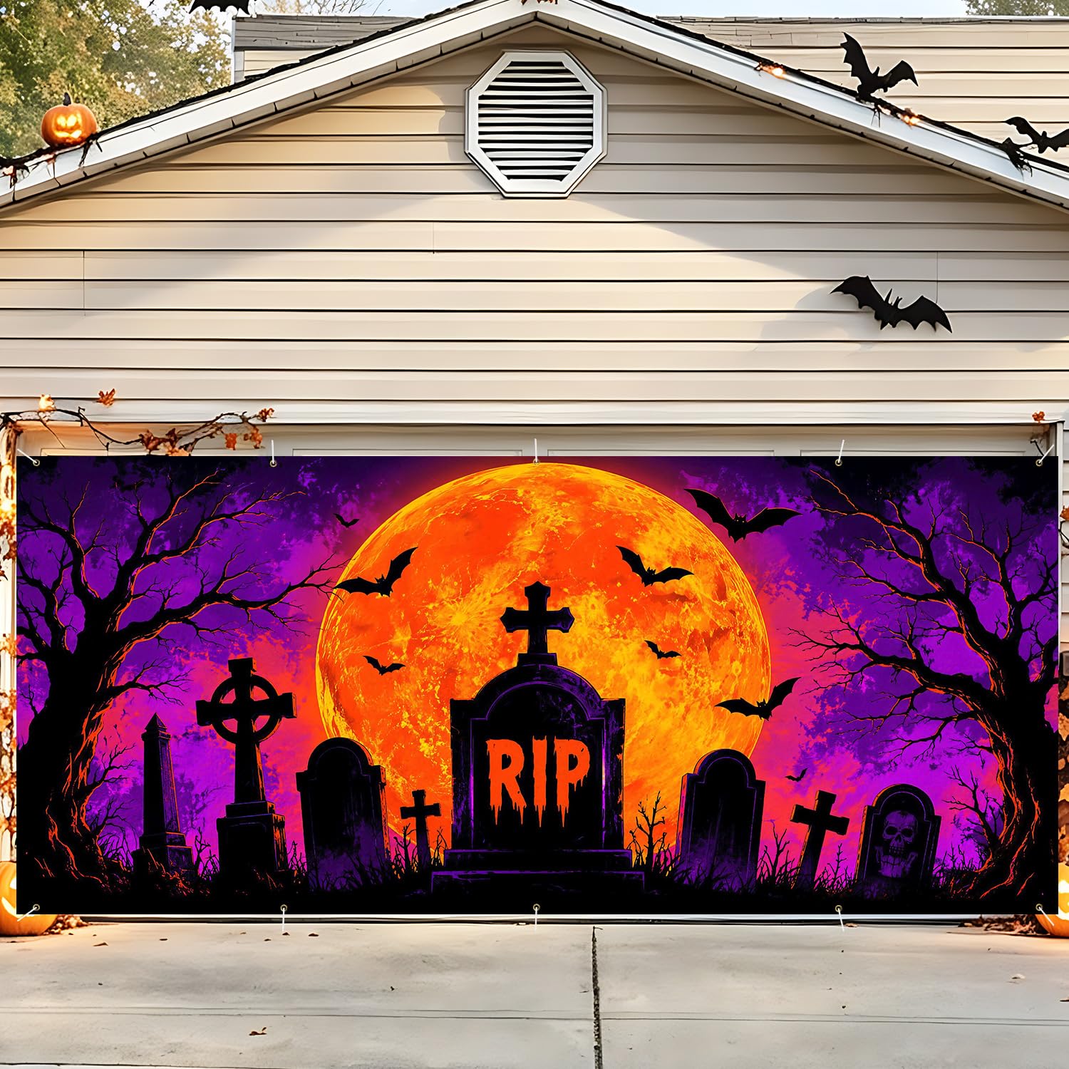 Halloween Garage Door Decorations 7 x 16 ft, RIP Grave Cover