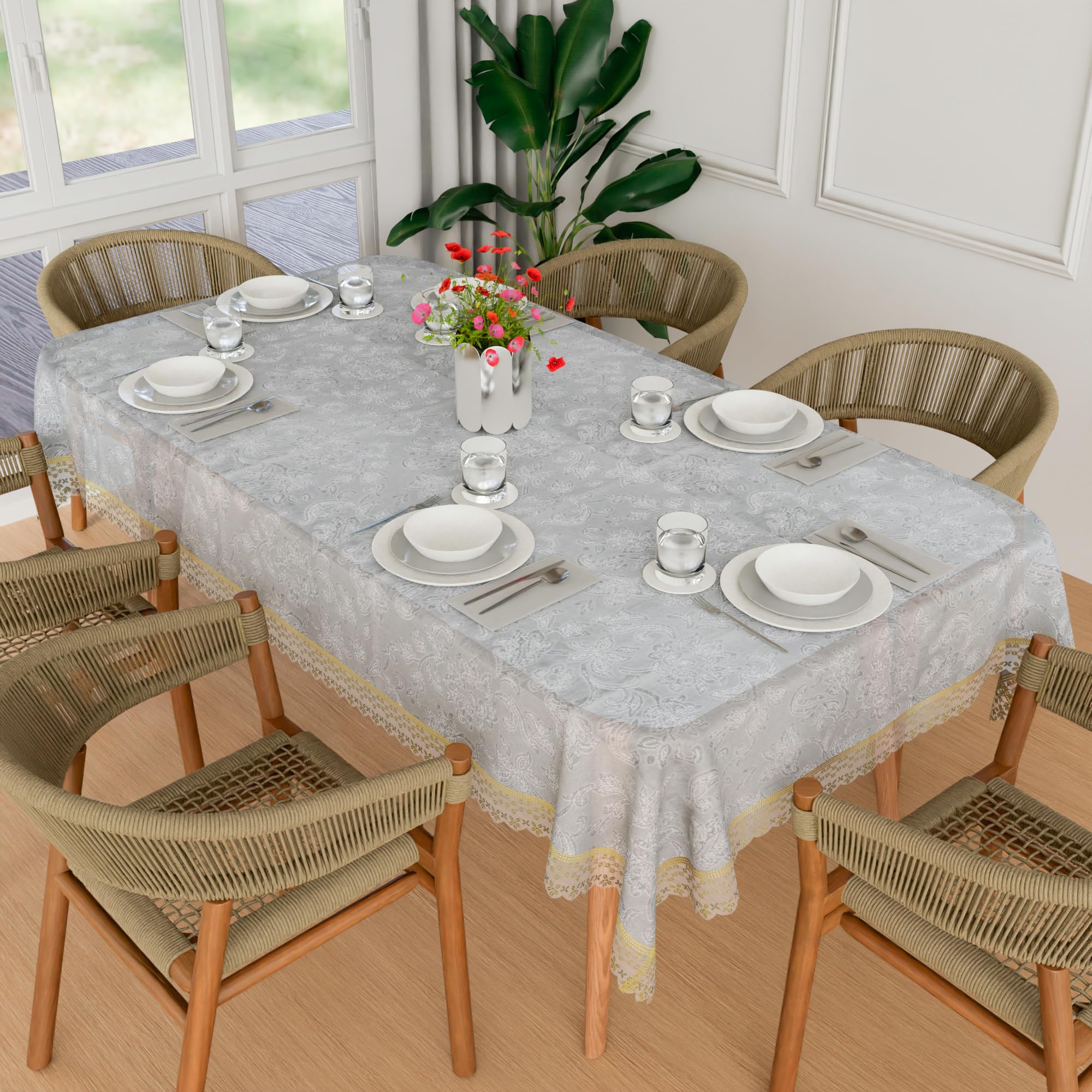 Kuber Industries Dining Table Cover | PVC Table Cover | Golden Embossed Lace Flower Table Cover | Table Protector | Dining Table Cover | 60x90 | Transparent