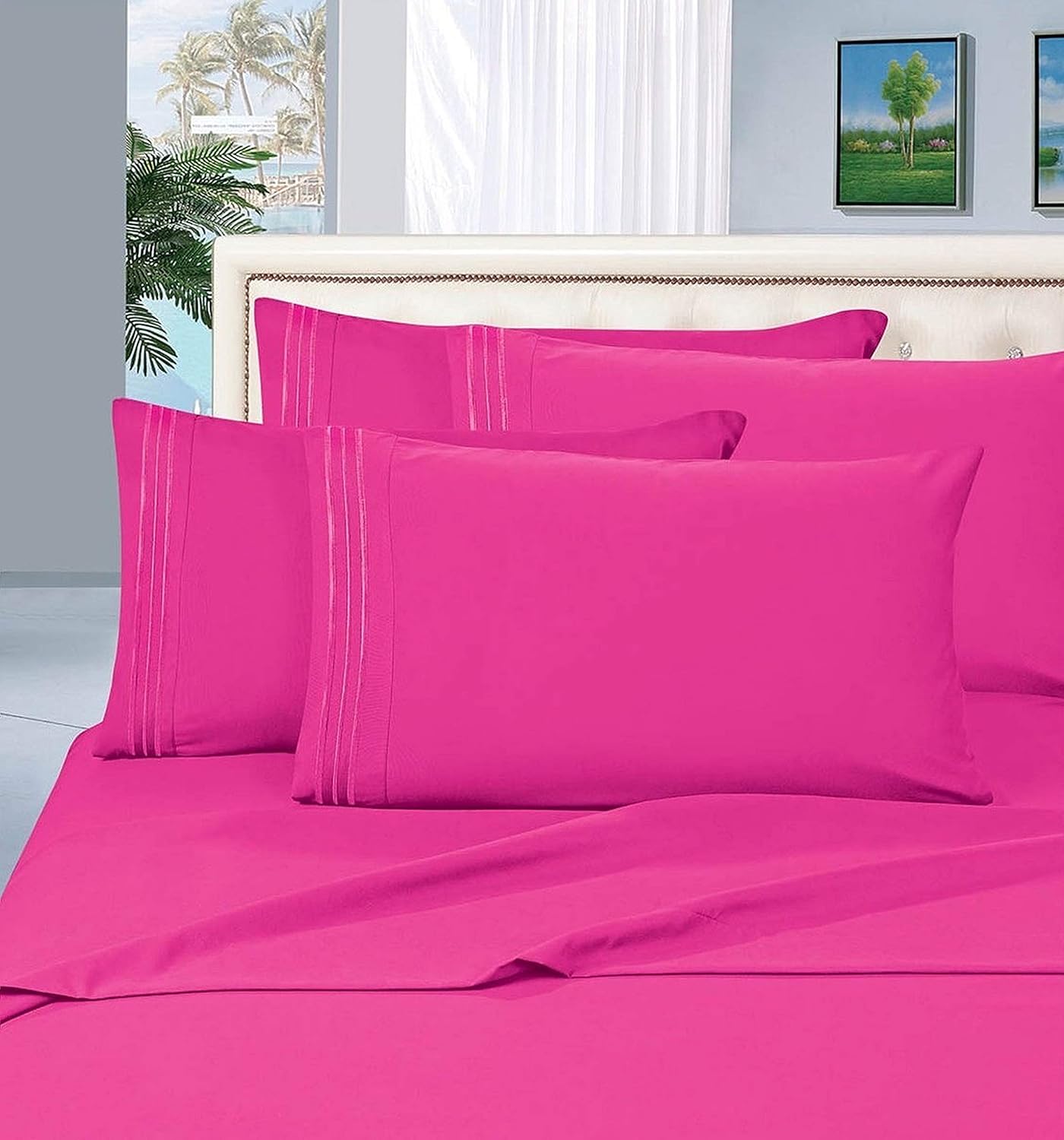 CELINE LINEN Luxurious Bed Sheets Set on Amazon 1500 Premier Wrinkle,Fade and Stain Resistant 4-Piece Bed Sheet Set, Deep Pocket, King Hot Pink