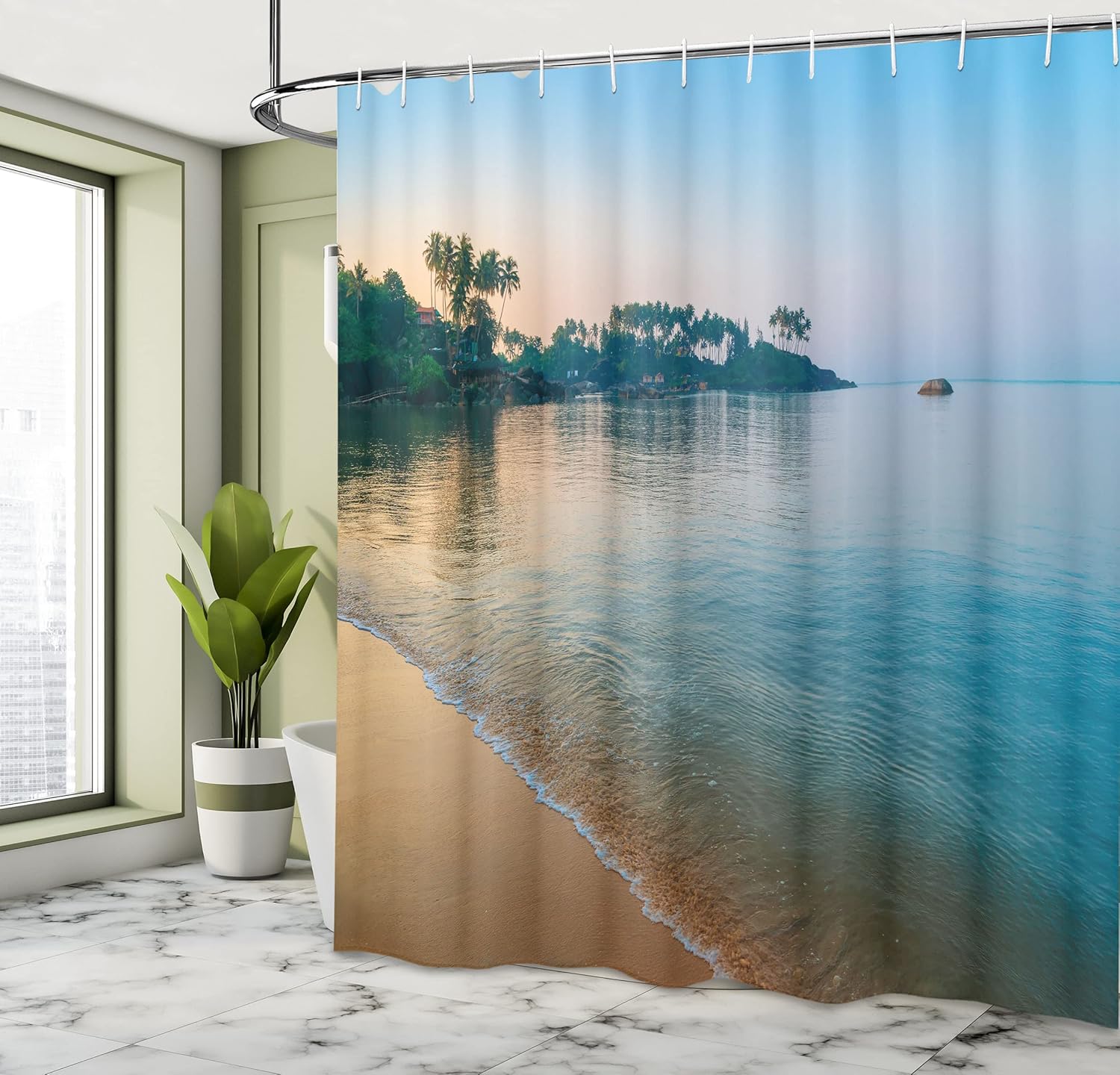 Ambesonne Ocean Shower Curtain, Morning Sun Rays and Palm Trees on The Edge of Summer Beach Relax Calm Theme, Cloth Fabric Bathroom Decor Set with Hooks, 69" W x 70" L, Cream Green