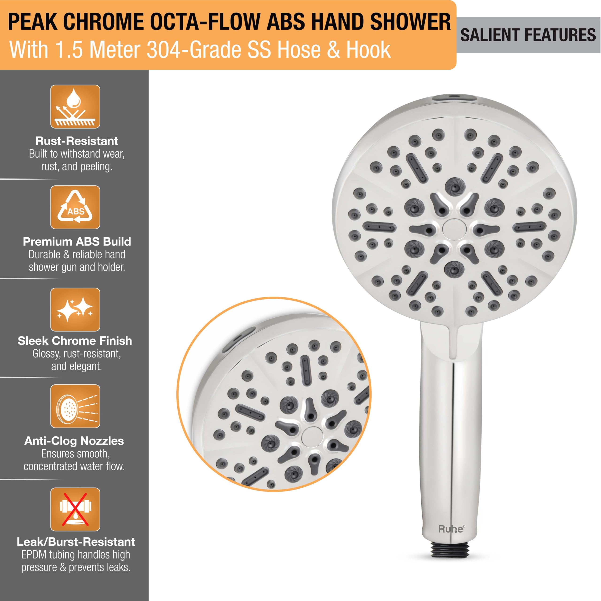Ruhe Handheld Shower - 8 Spray Modes, Chrome Finish -3 Ruhe Handheld Shower - 8 Spray Modes, Chrome Finish -3