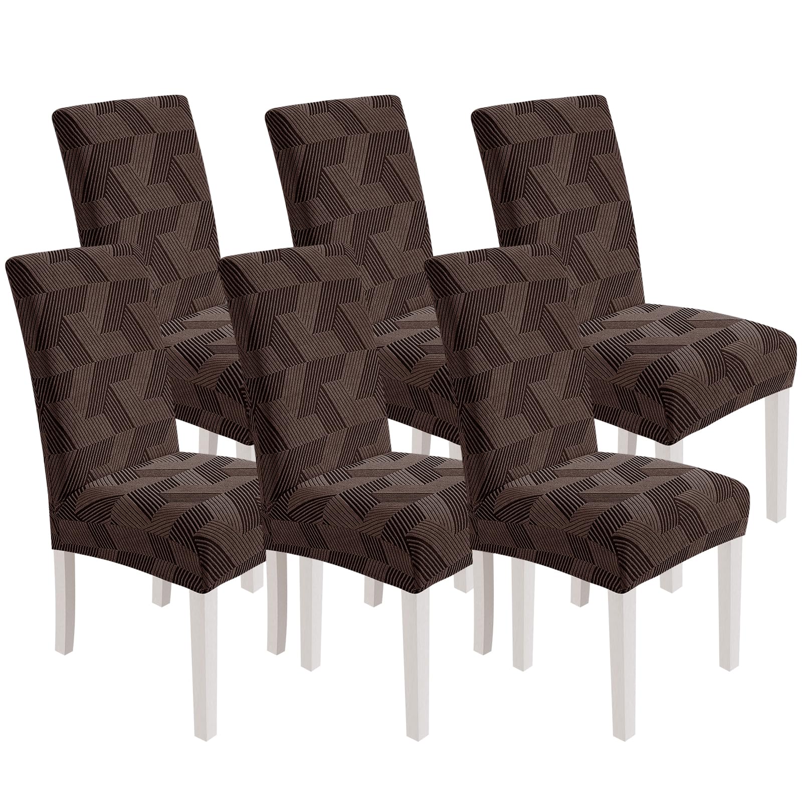 XINEAGE 6 Packs Dining Chair Slipcovers, Geometrical Jacquard Parson Dining Chair Covers, Washable Chair Protectors for Dining Room, Kitchen, Restaurant, Hotel, Brown